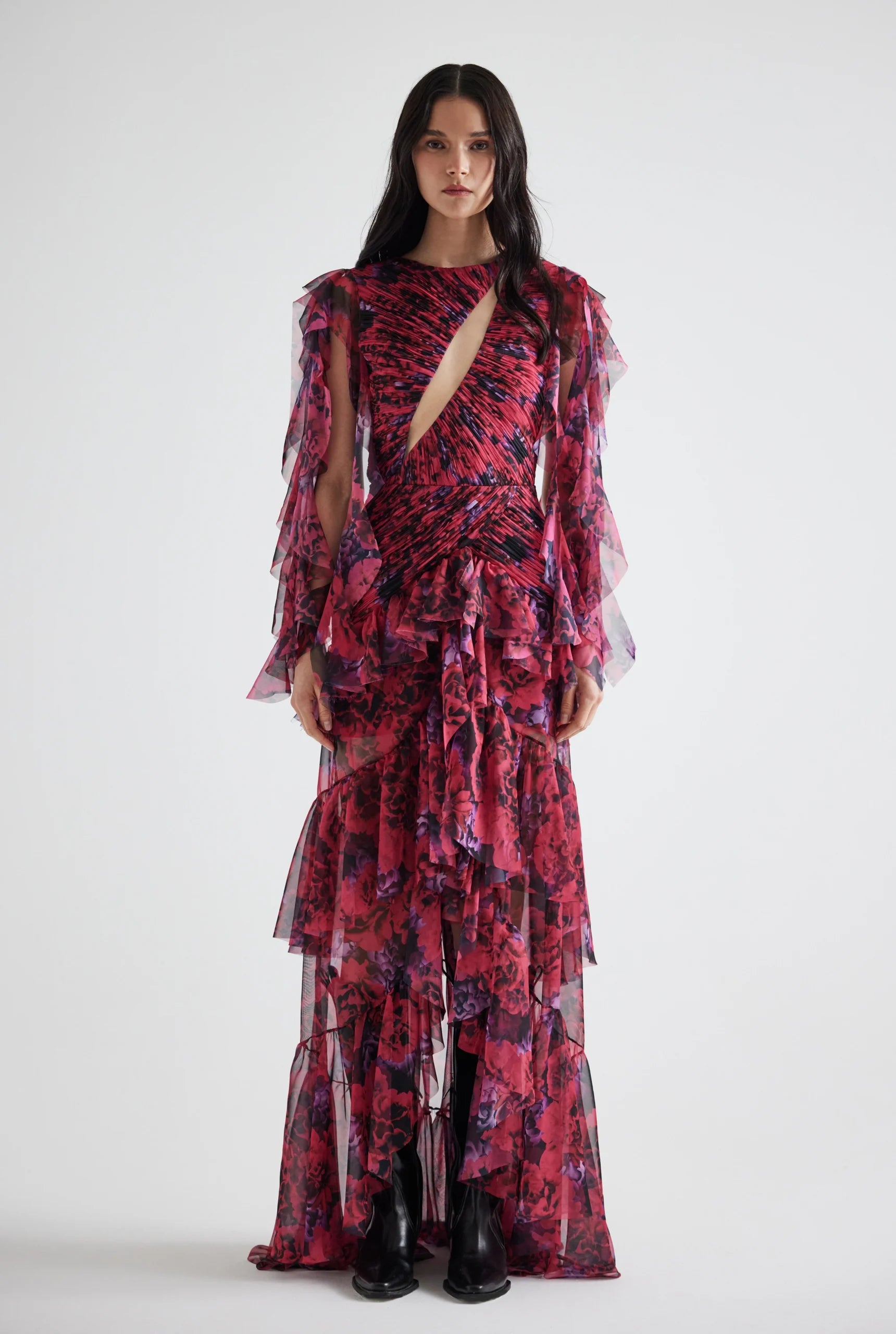 Bust Detailed Draped Ruffled Floral Patterned Midi Dress 42 Bust Detailed Draped Ruffled Floral Patterned Midi Dress 42