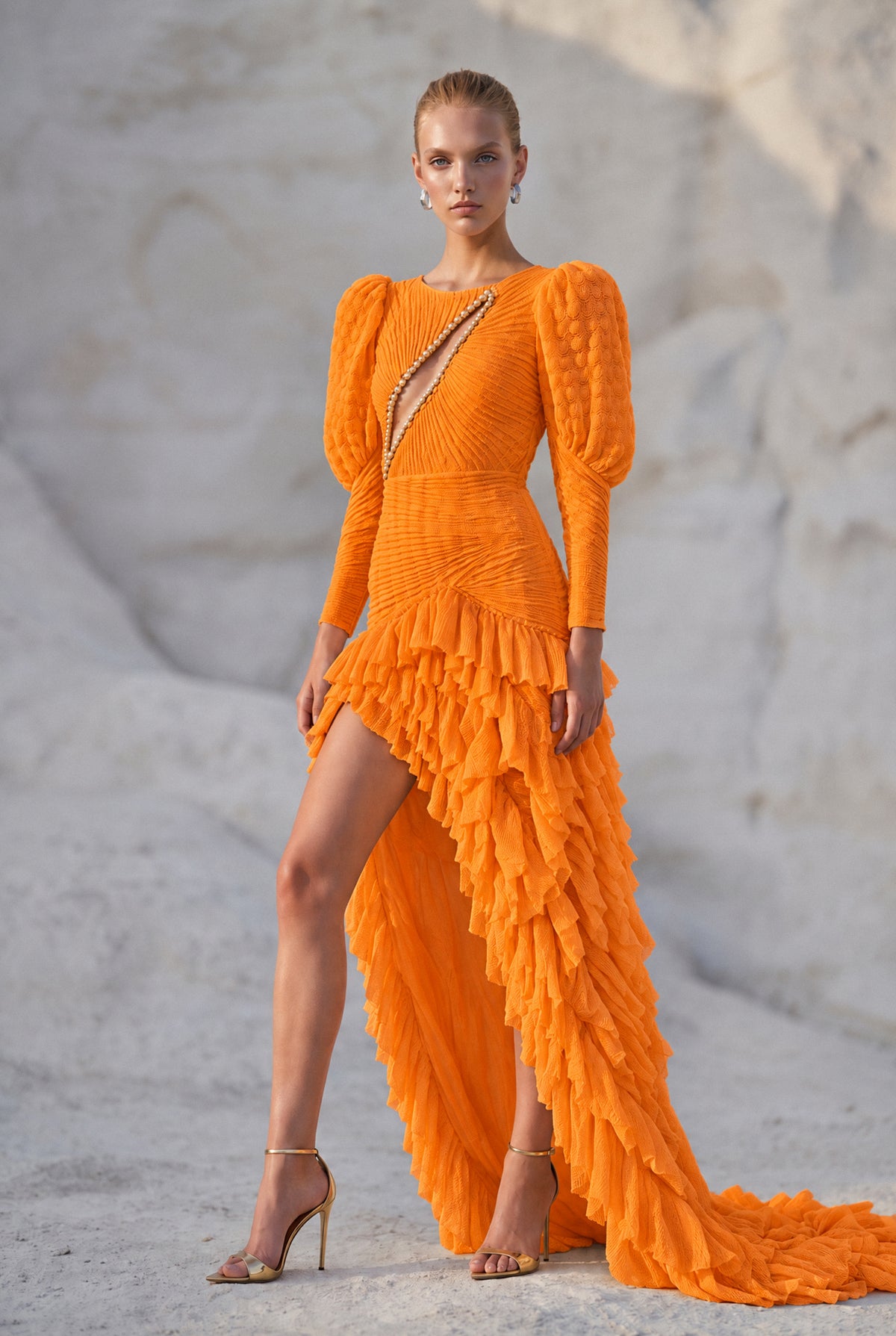 Cut-Out Detailed Open Knit Ruffle Maxi Dress