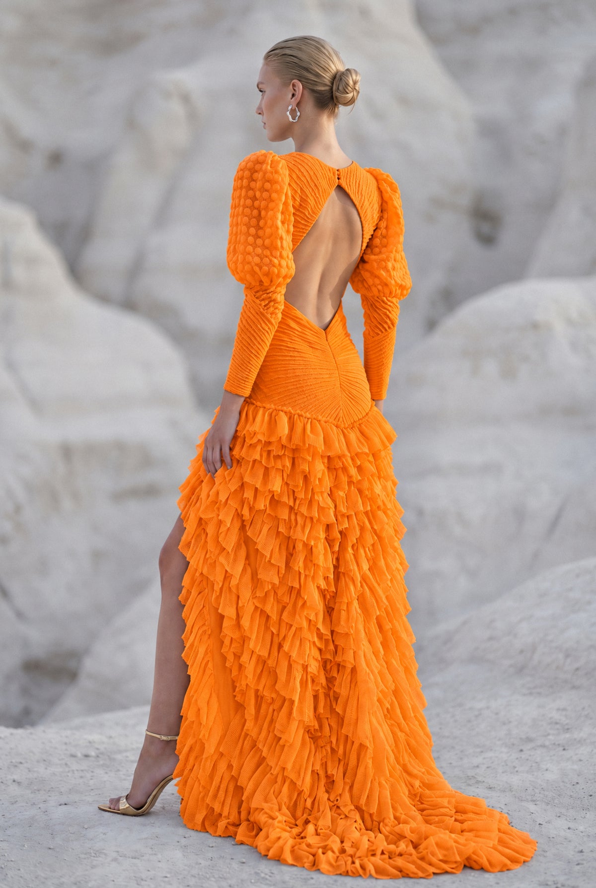 Cut-Out Detailed Open Knit Ruffle Maxi Dress