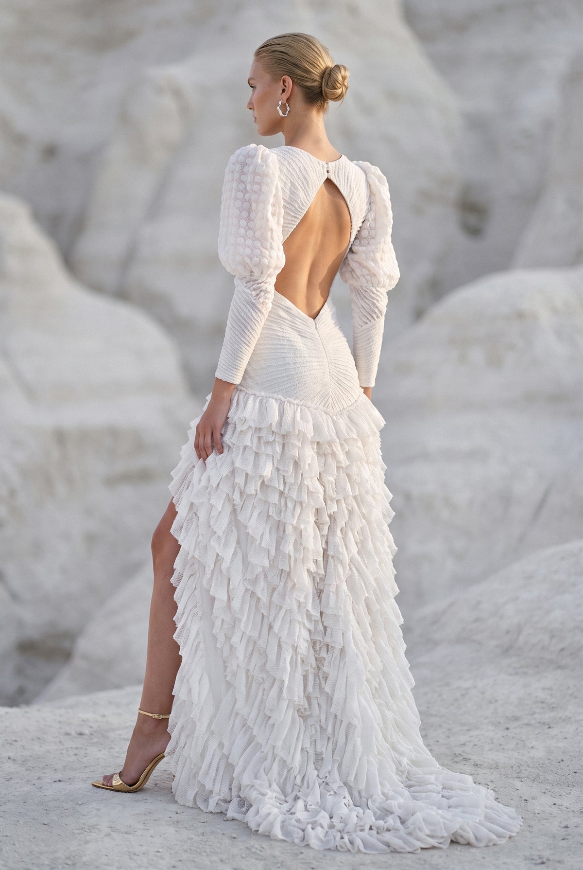 Cut-Out Detailed Open Knit Ruffle Maxi Dress