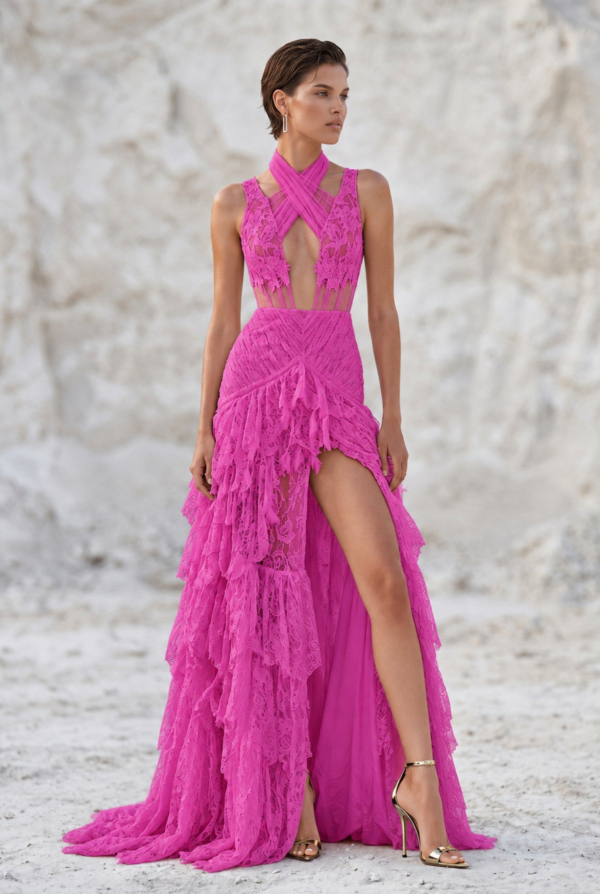 Cross Halter Neck Slit Detailed Maxi Dress