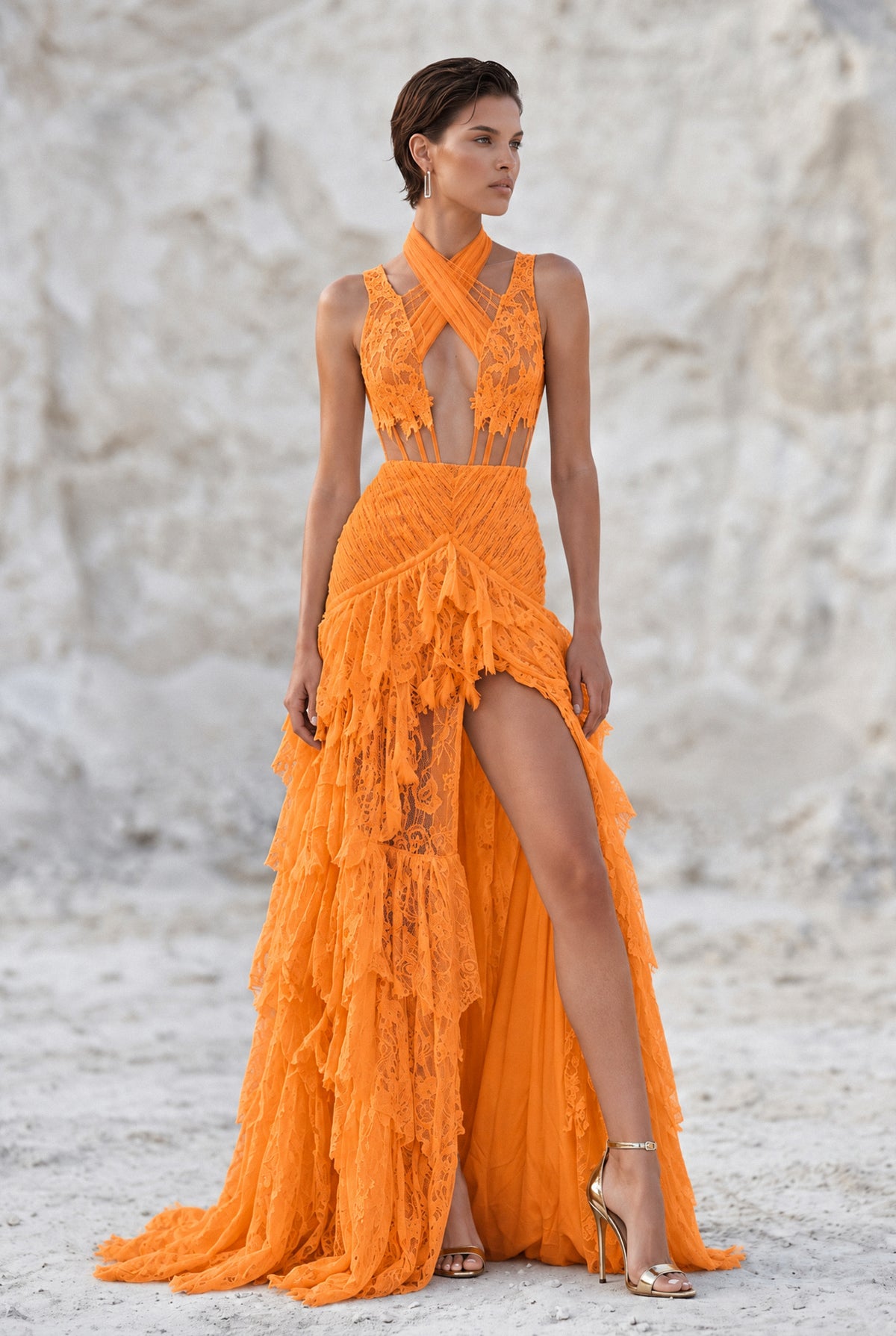 Cross Halter Neck Slit Detailed Maxi Dress