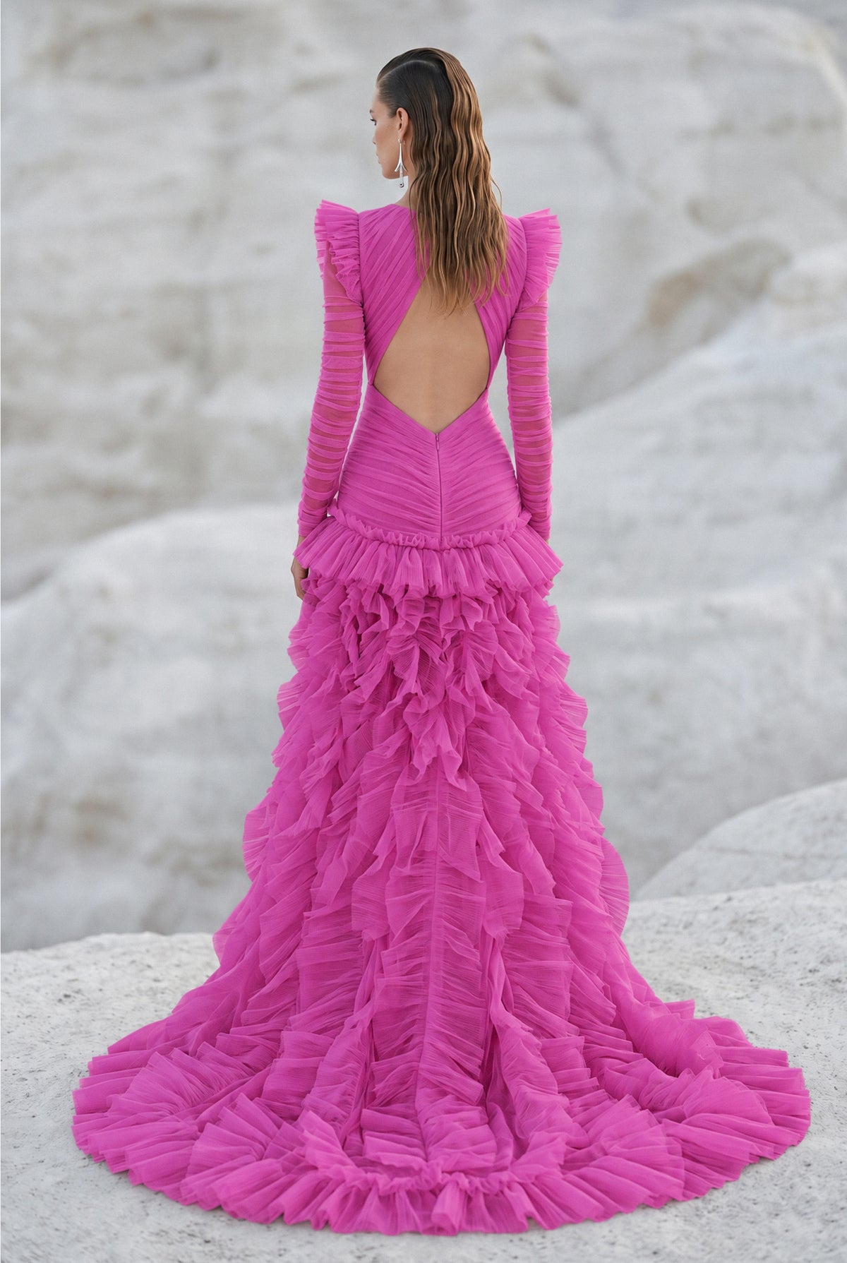 Bust Detailed Long Sleeved Slit Dress