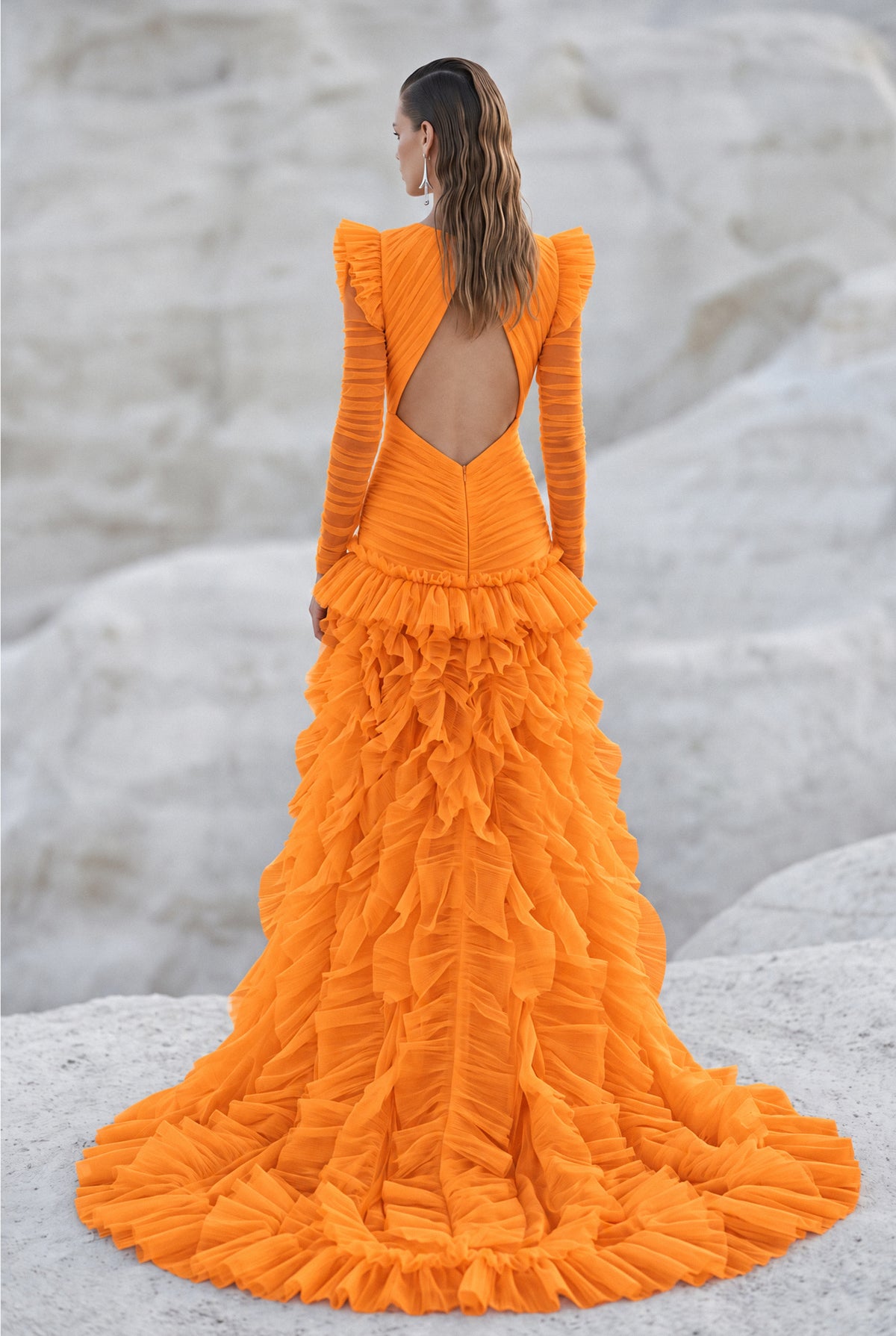 Bust Detailed Long Sleeved Slit Dress