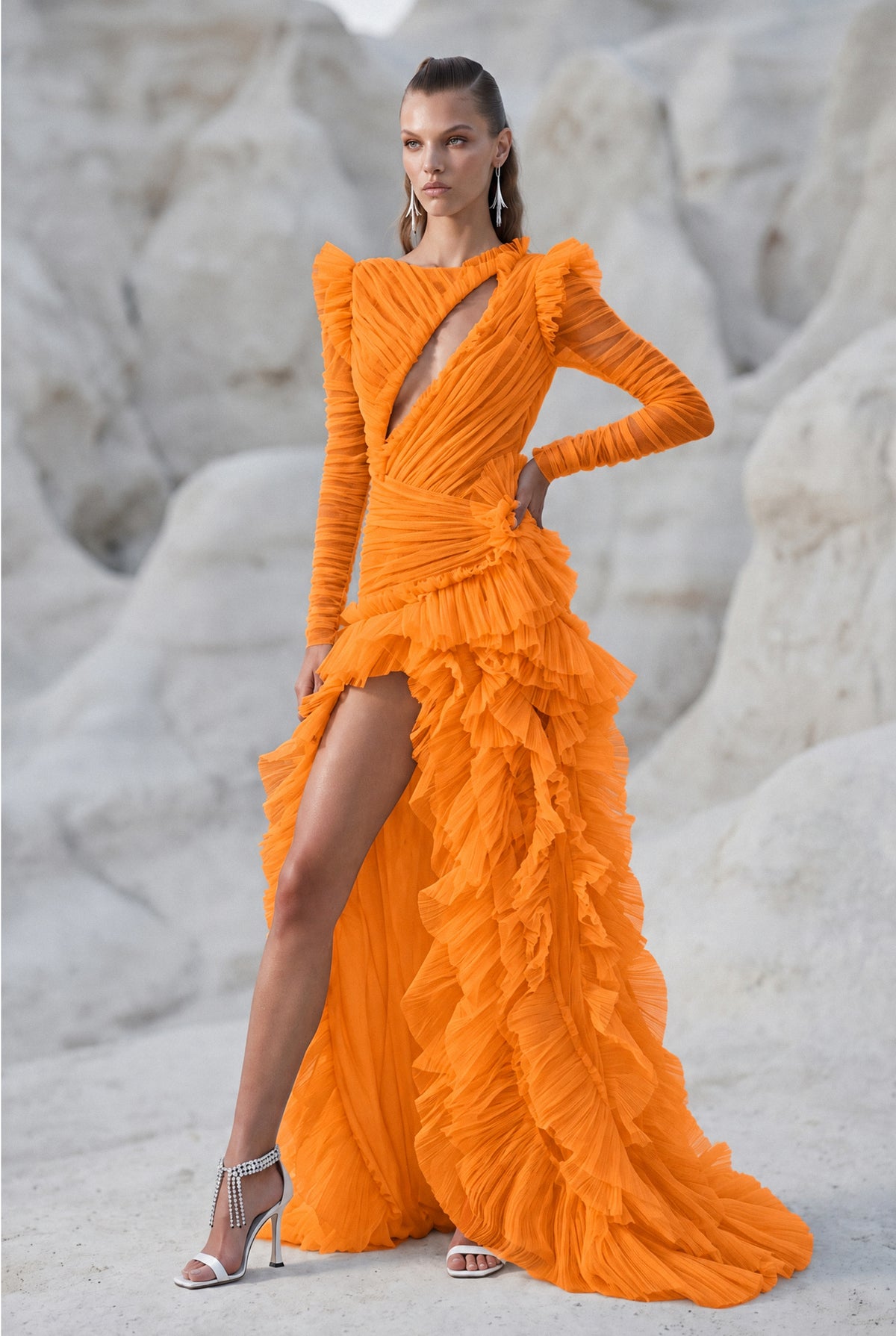 Bust Detailed Long Sleeved Slit Dress