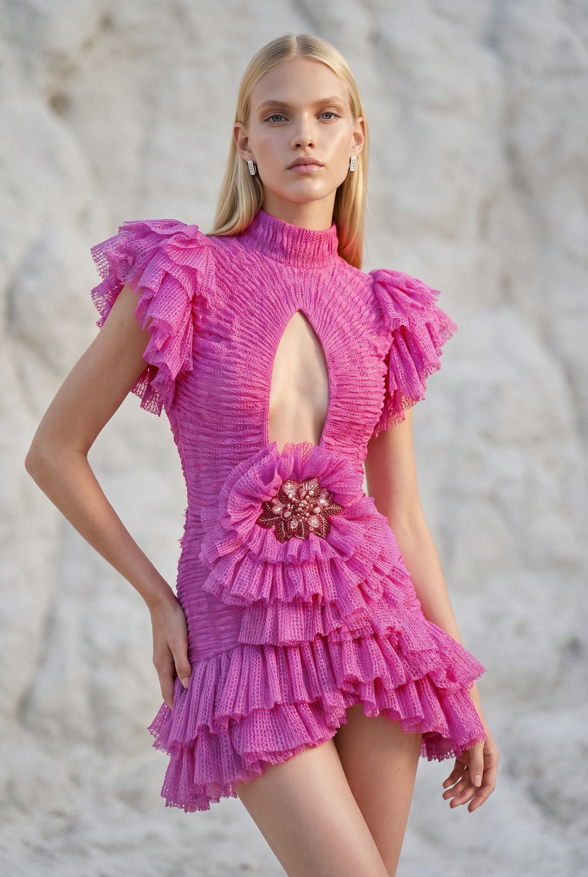 Cut-Out Detailed Open Knit Ruflle Mini Dress
