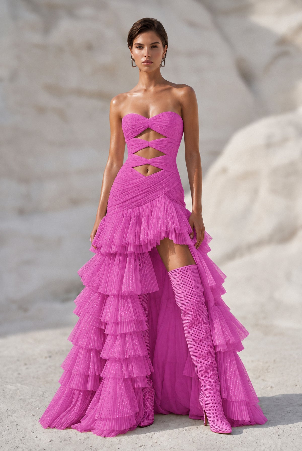 Front Slit Detailed Draped Maxi Dress