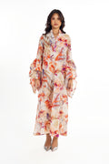 LINEN BLOOM PRINT MAXI DRESS WITH CASCADE SLEEVES