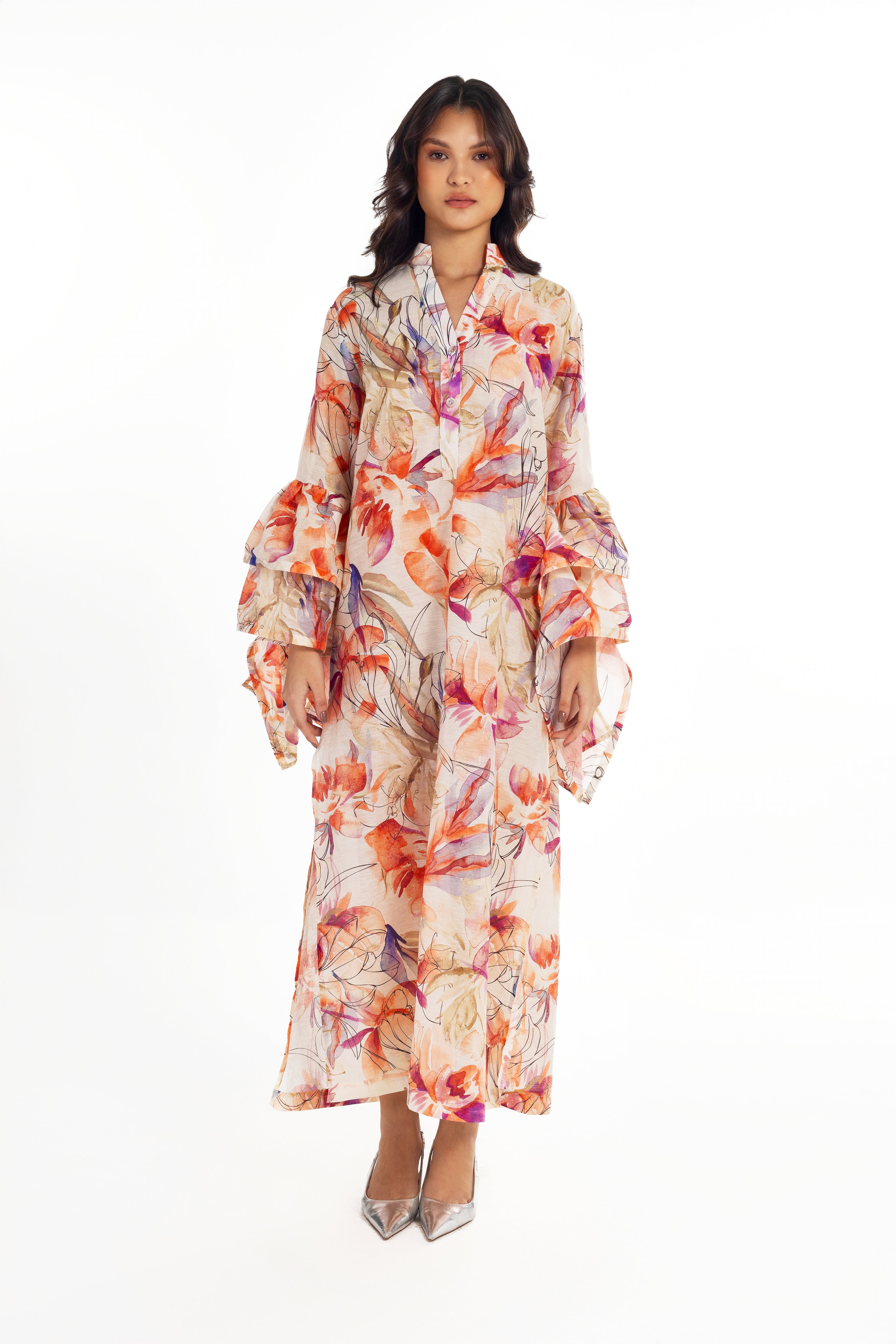 LINEN BLOOM PRINT MAXI DRESS WITH CASCADE SLEEVES