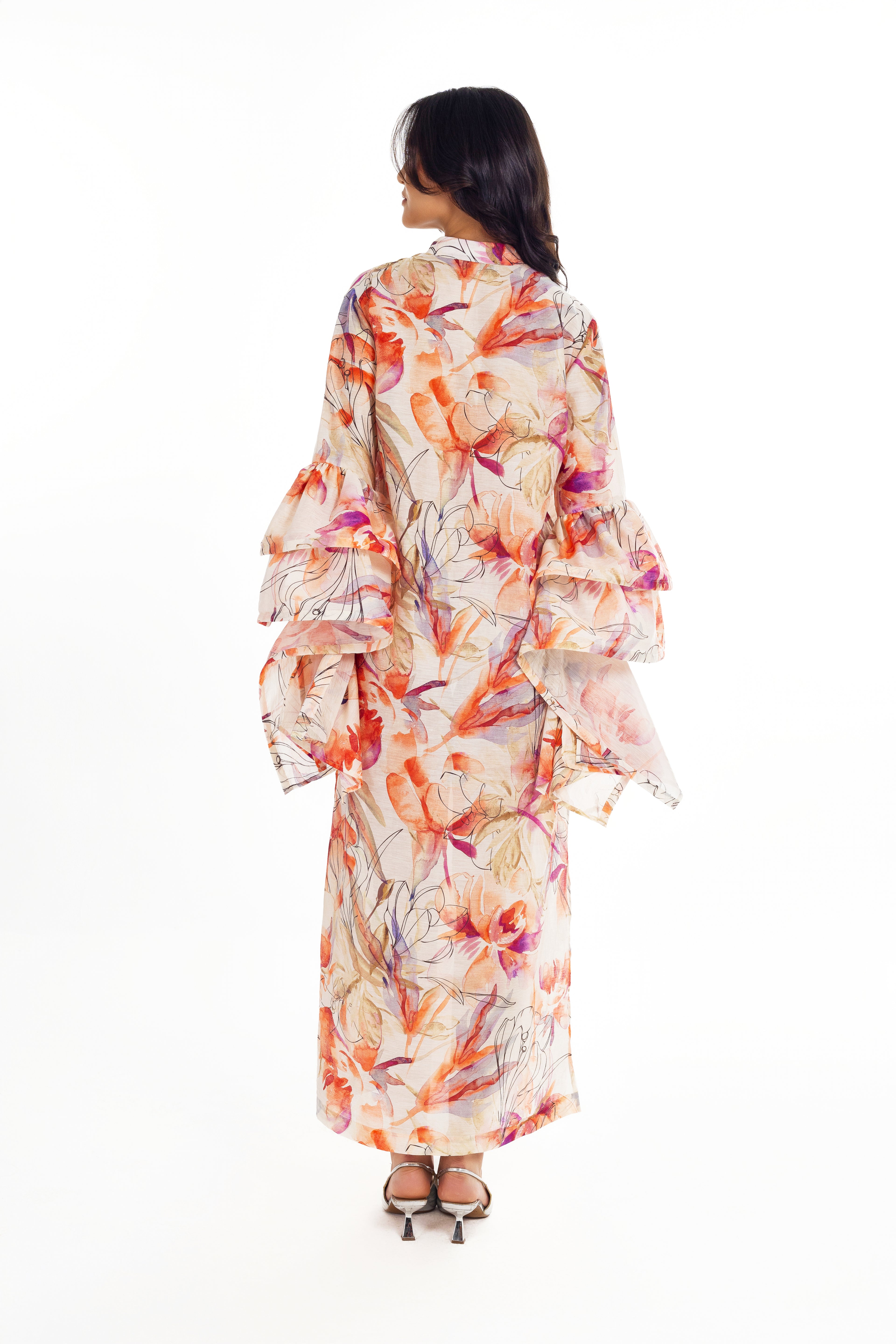 LINEN BLOOM PRINT MAXI DRESS WITH CASCADE SLEEVES
