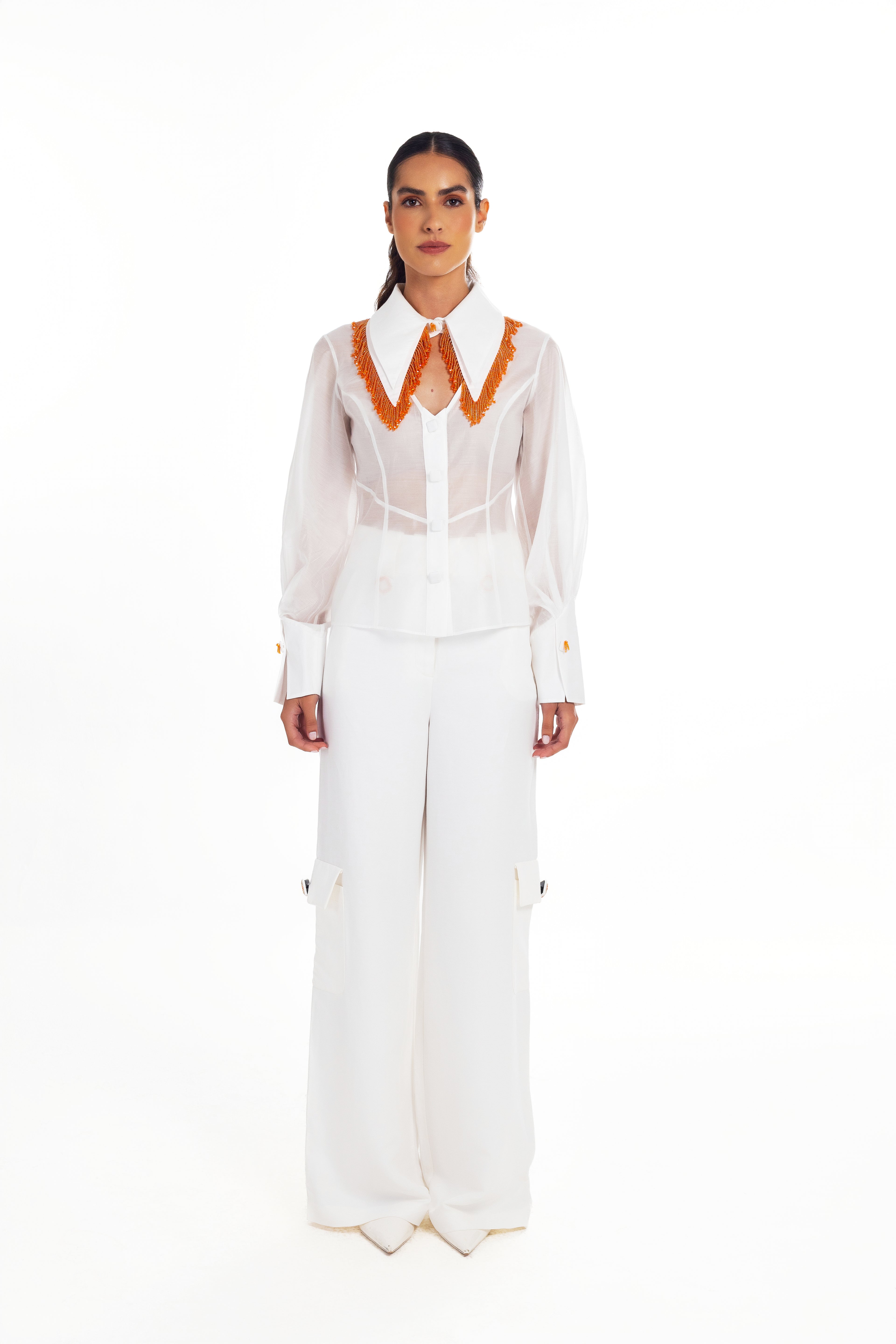 H LAPEL SHIRT WITH FRONT CUT OUT AND BEADING