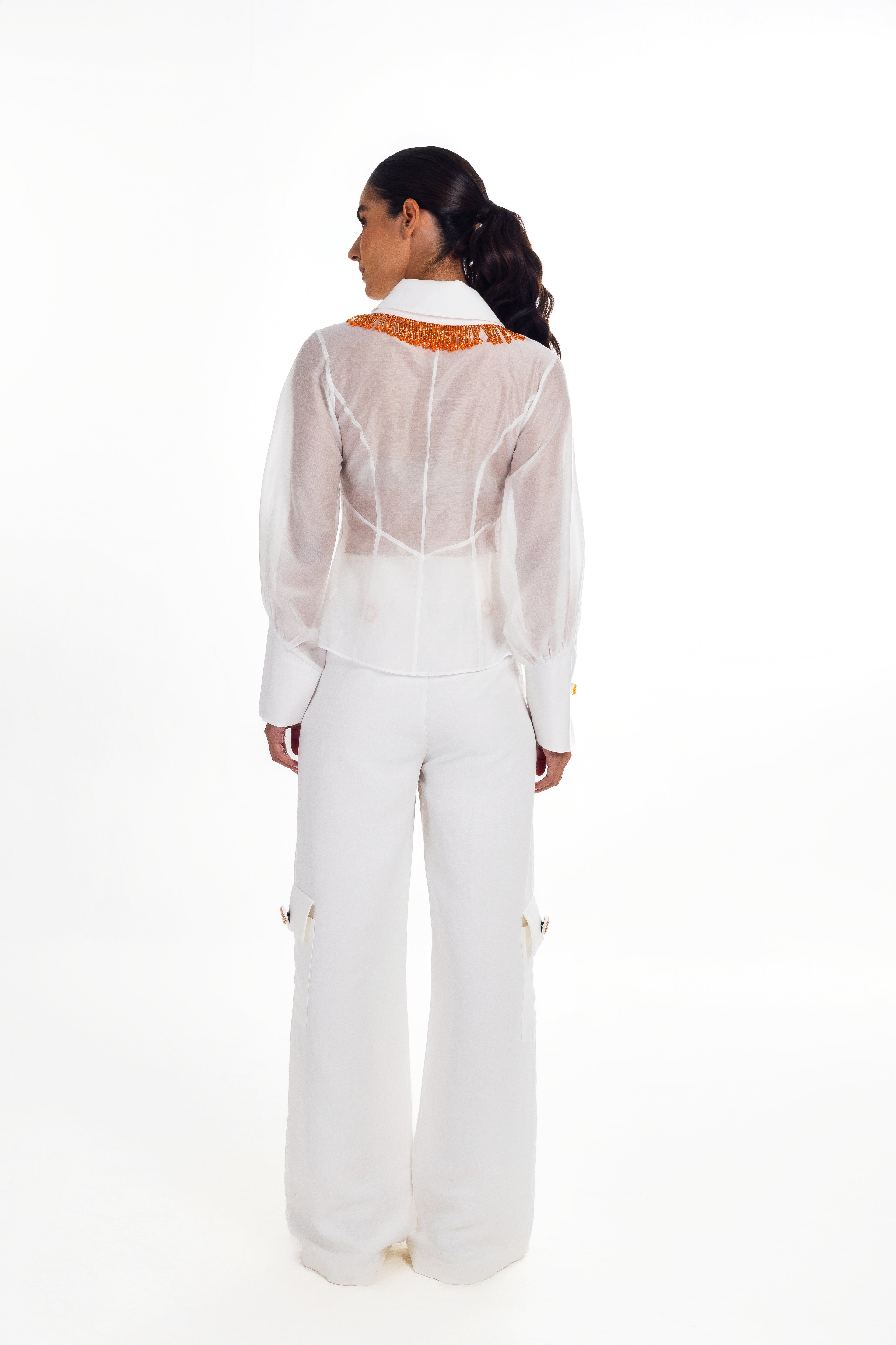 H LAPEL SHIRT WITH FRONT CUT OUT AND BEADING