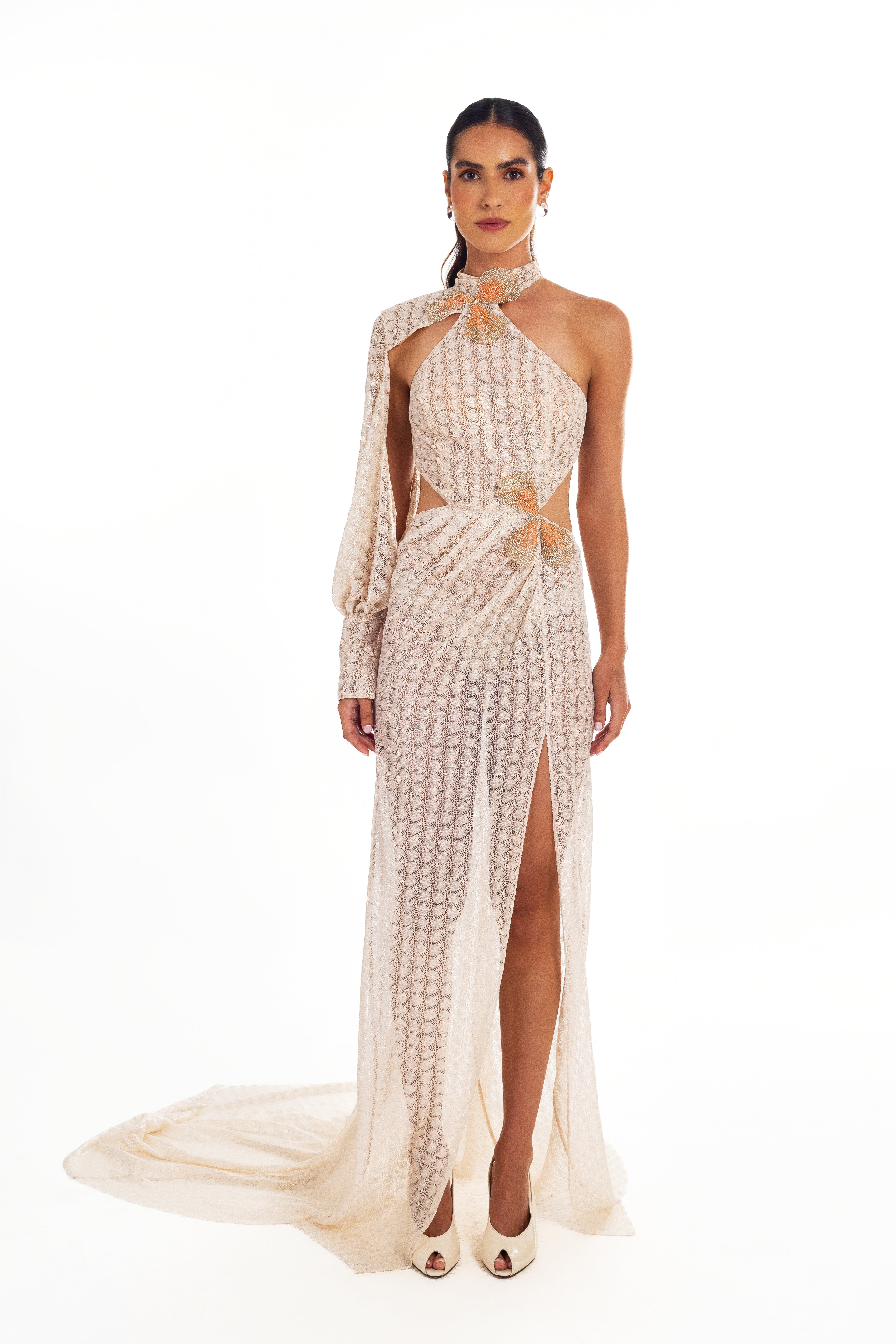YASMIN ONE SHOUDER PARTY DRESS FLOWER DETAIL