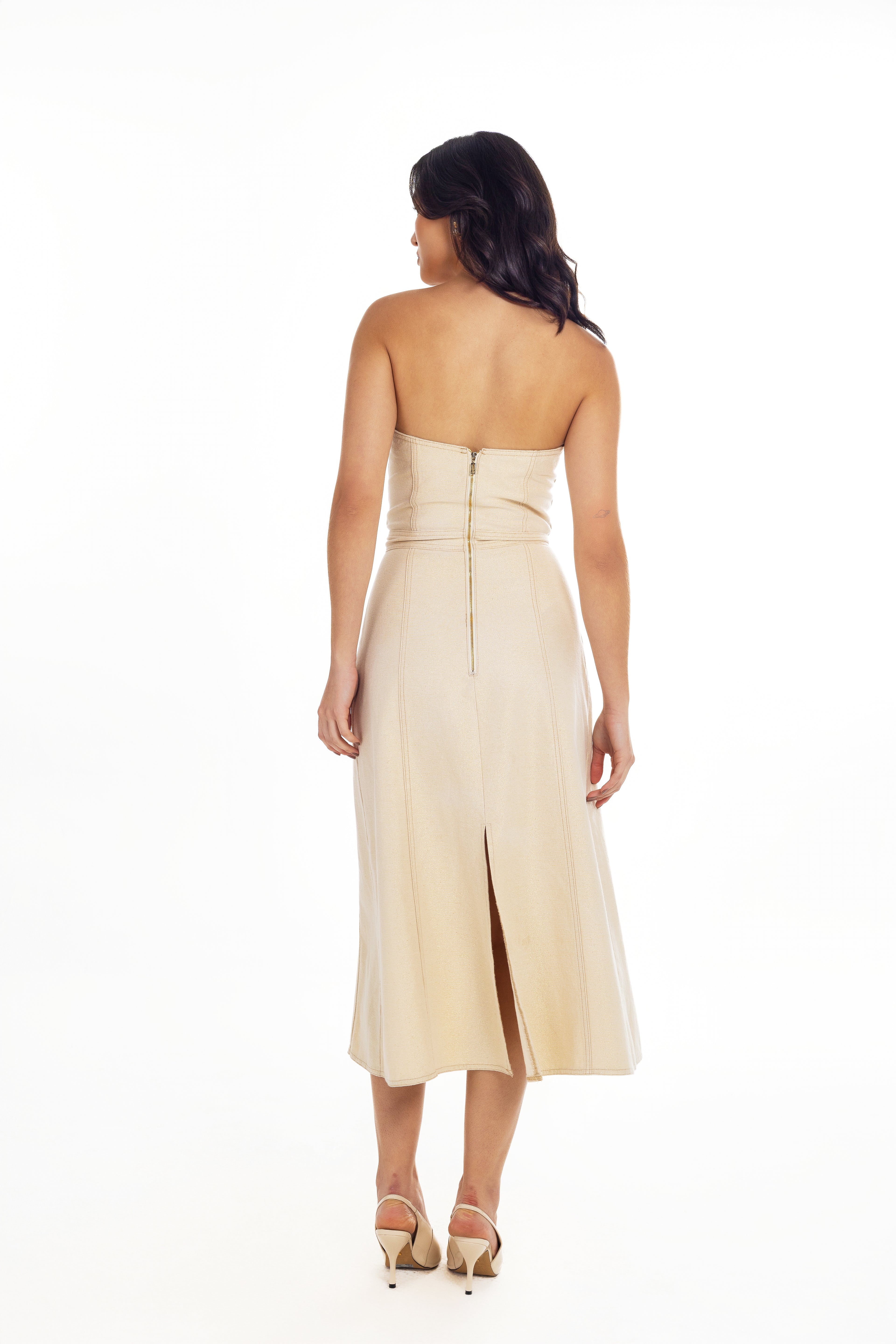 FINLAY METALIZED SAND STRAPLESS DRESS