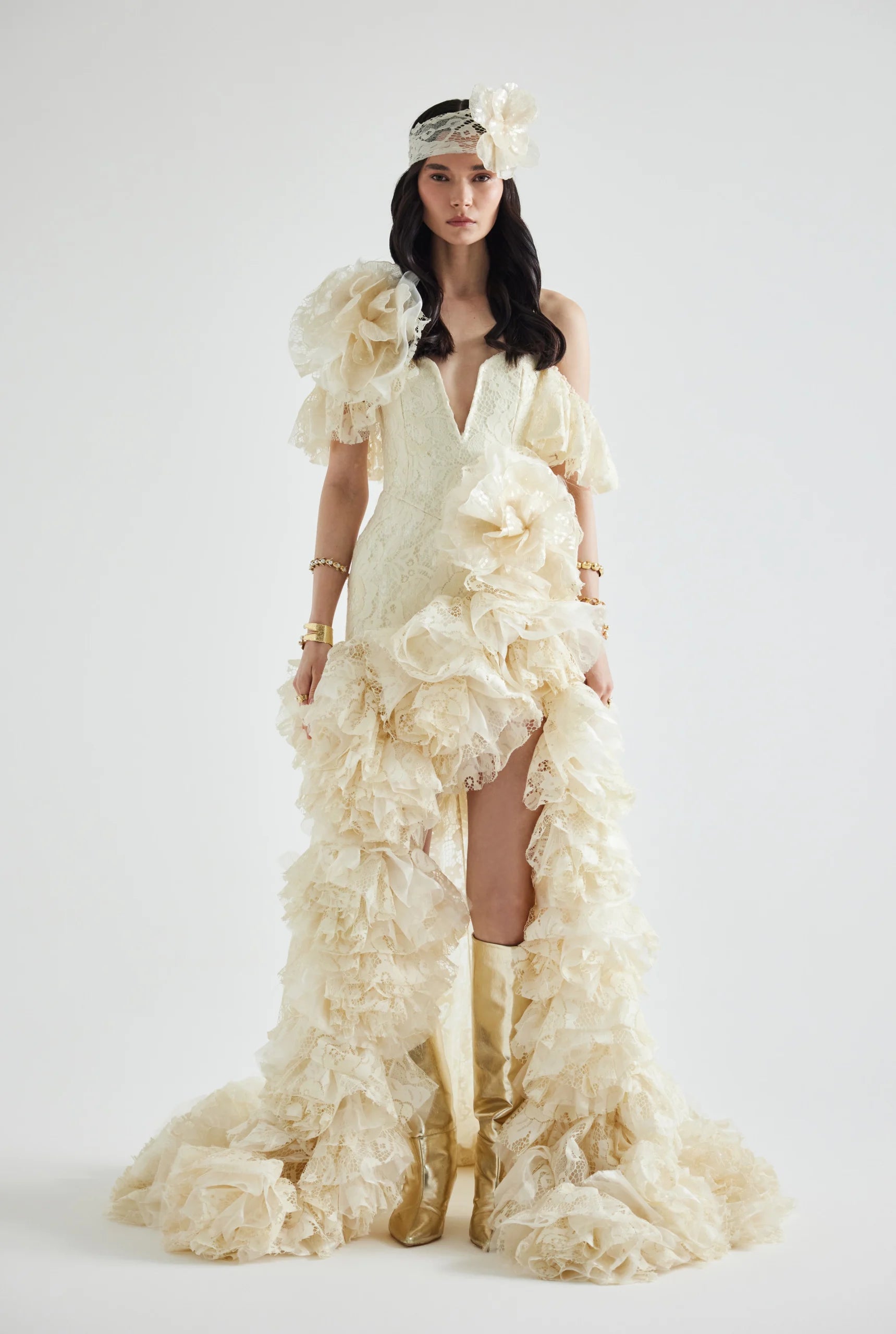 3D Floral Side-Slit Lace Maxi Dress