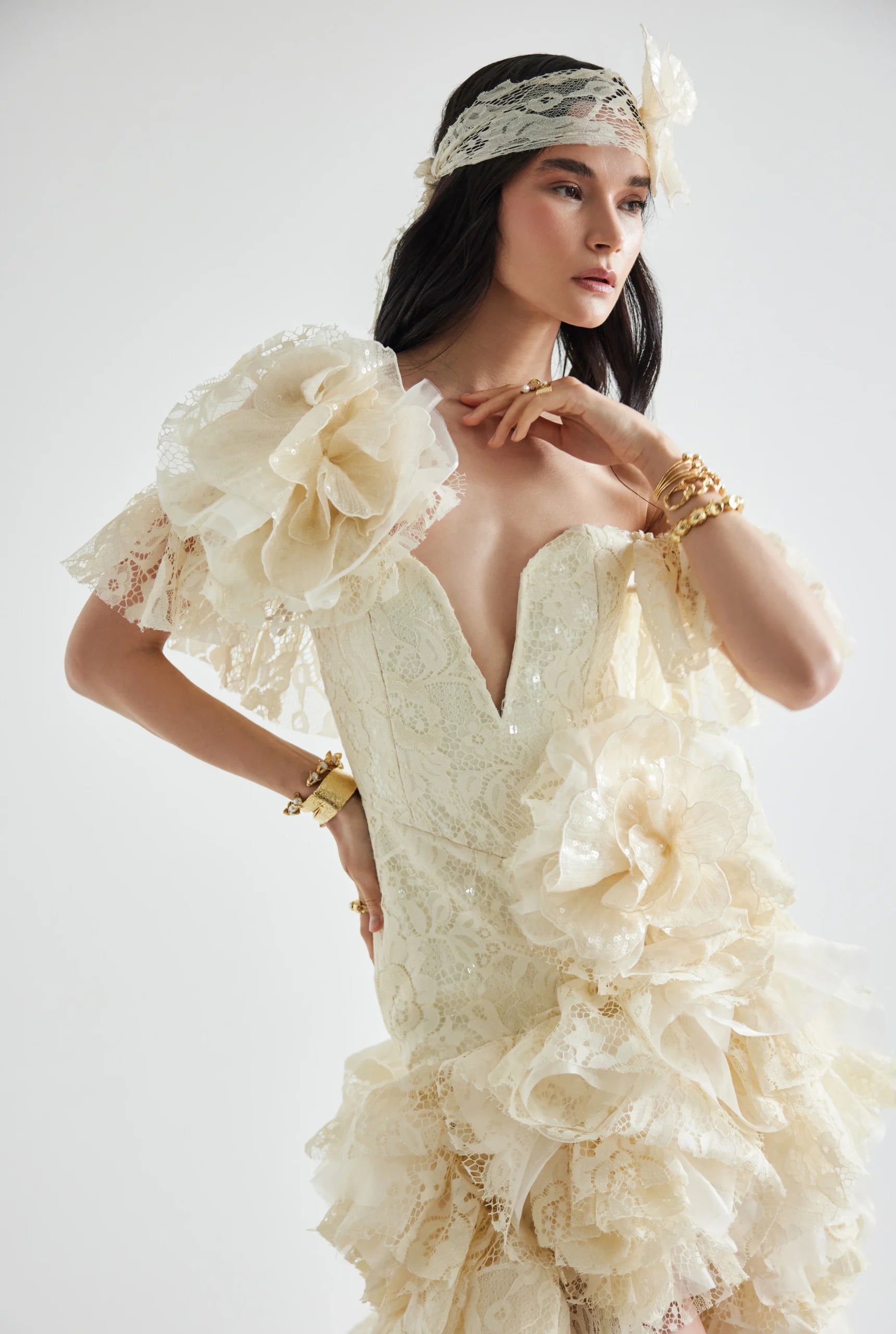 3D Floral Side-Slit Lace Maxi Dress