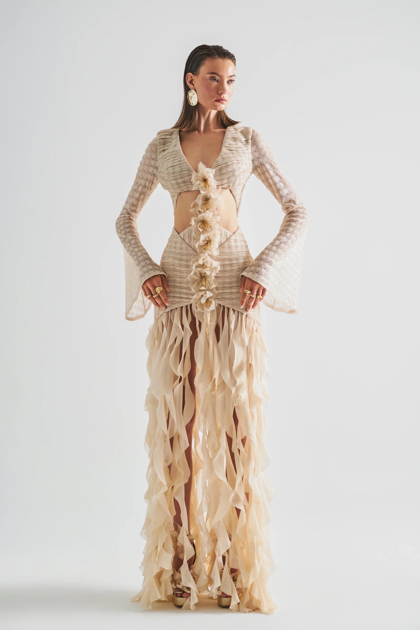 Airy Bell Sleeve Deep V-neck Dress