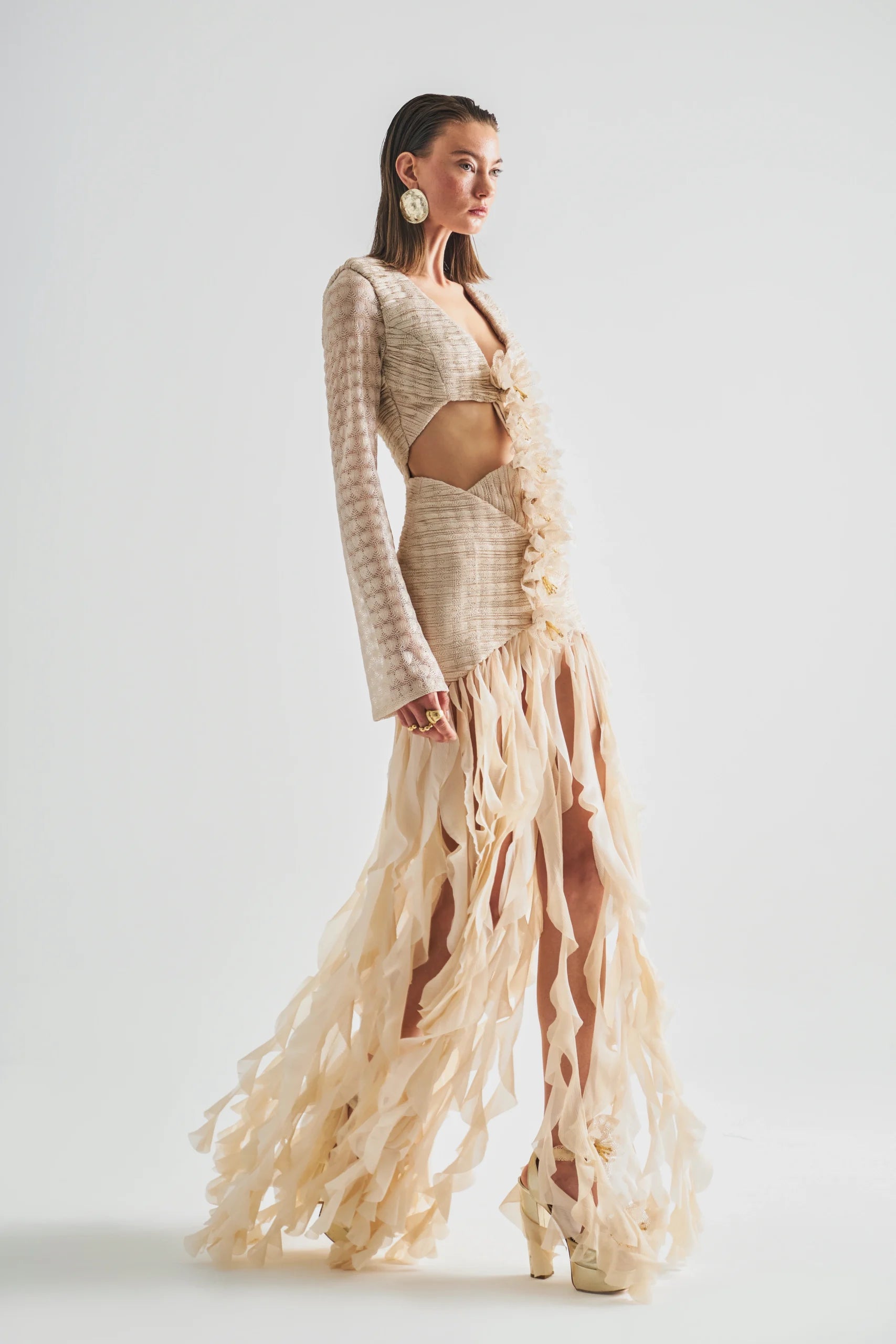 Airy Bell Sleeve Deep V-neck Dress