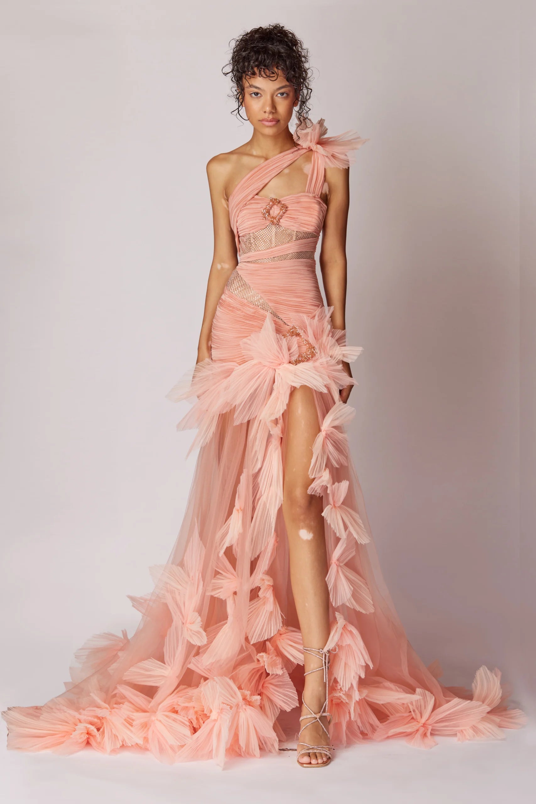 Applique Detailed High Slit Degrade Maxi Dress - Handmade