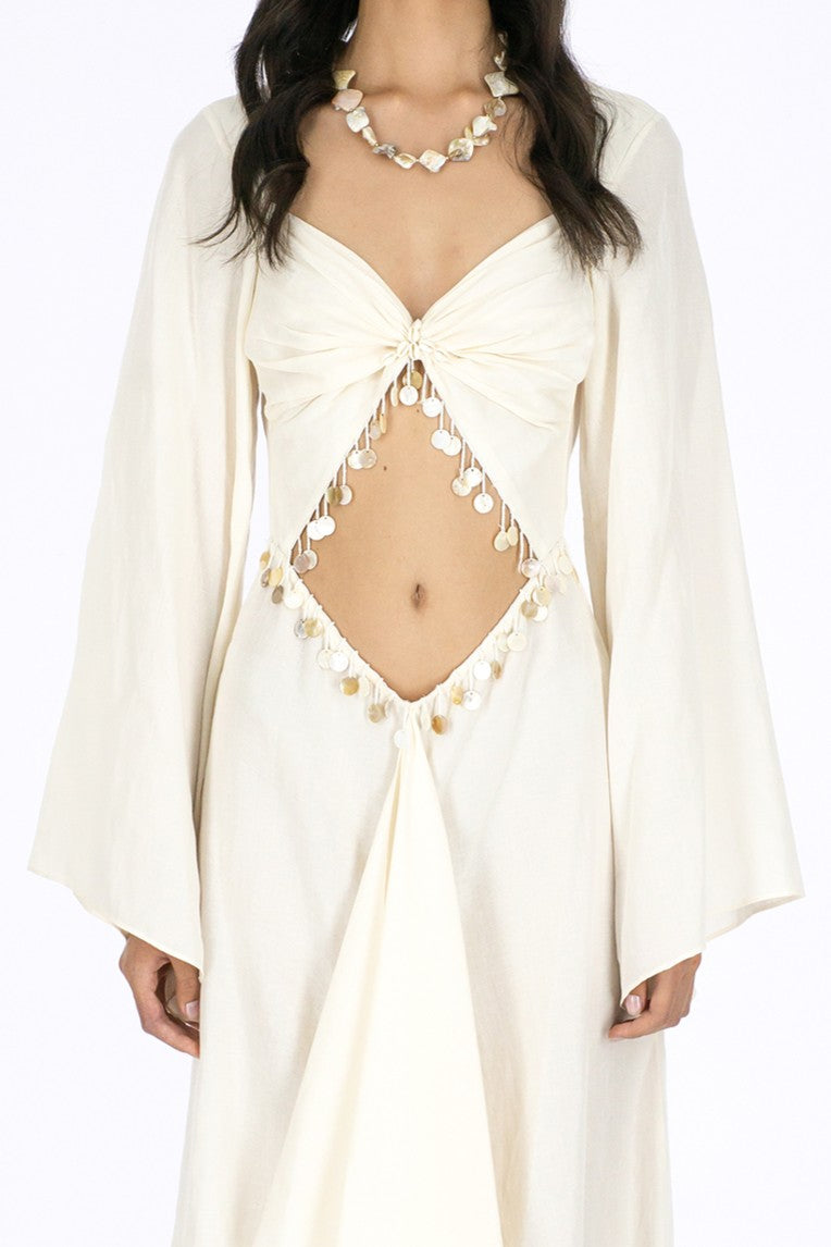 BETINA BELL SLEEVES FRONT CUT OUT WITH MOTHER PEARL BEADINGS MAXI DRESS