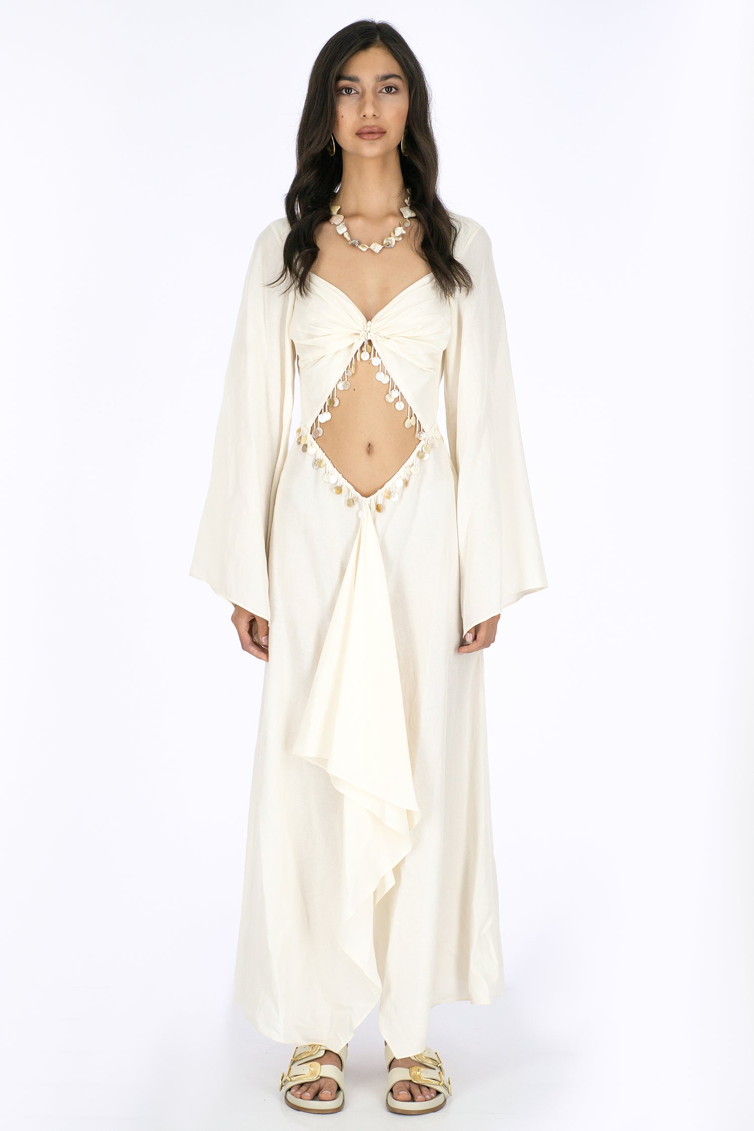 BETINA BELL SLEEVES FRONT CUT OUT WITH MOTHER PEARL BEADINGS MAXI DRESS