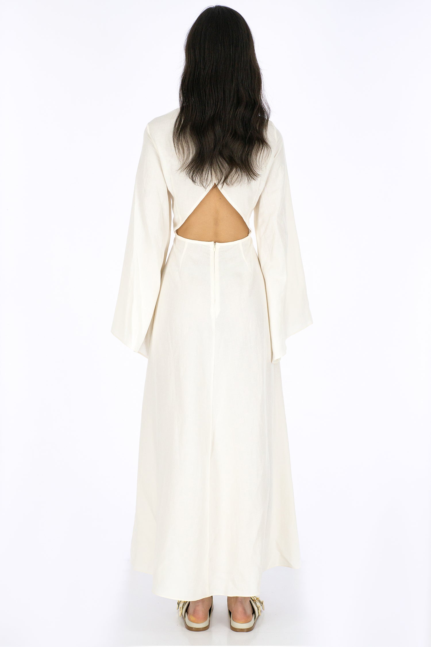 BETINA BELL SLEEVES FRONT CUT OUT WITH MOTHER PEARL BEADINGS MAXI DRESS