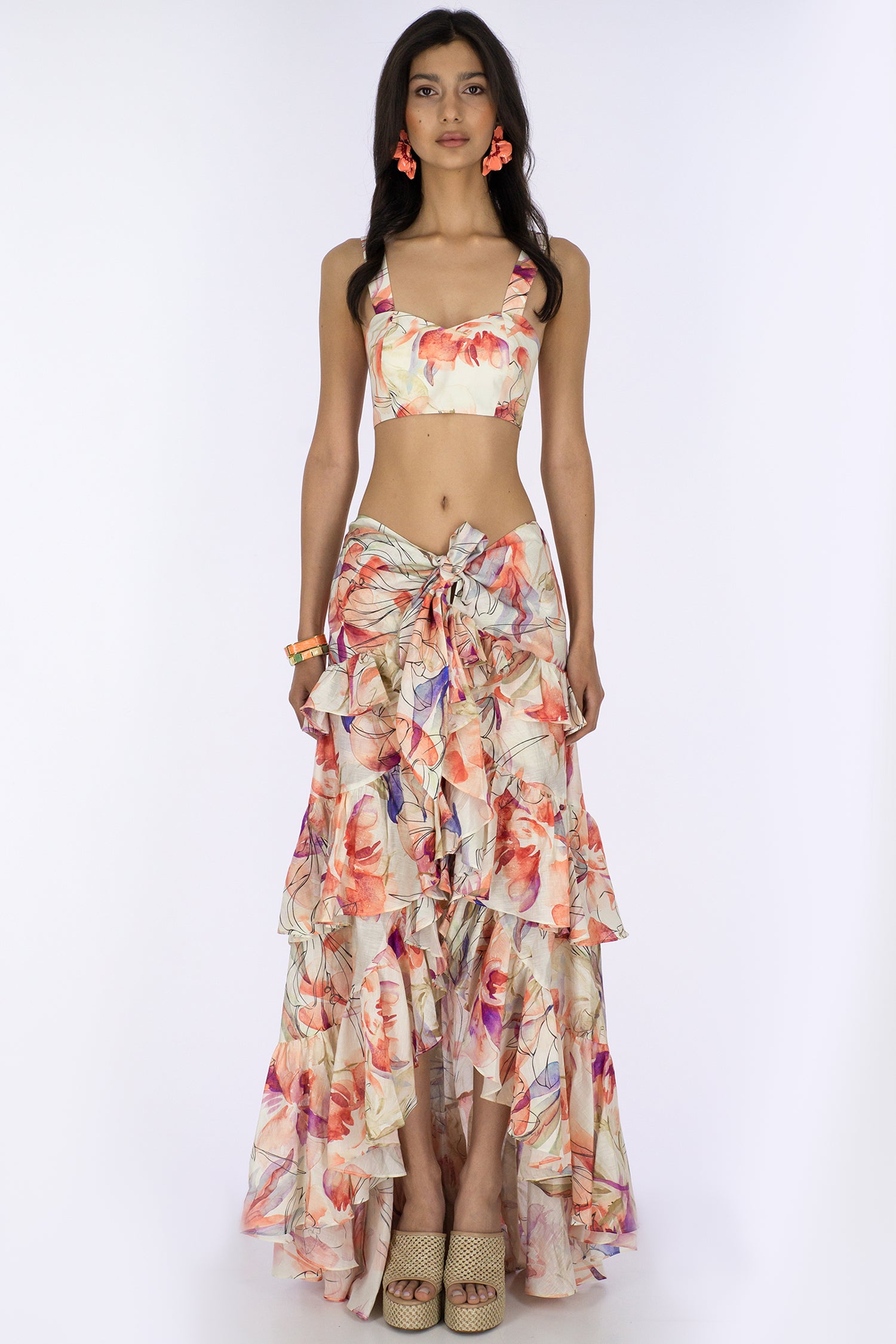 LINEN BLOOM PRINT CASCADE SKIRT