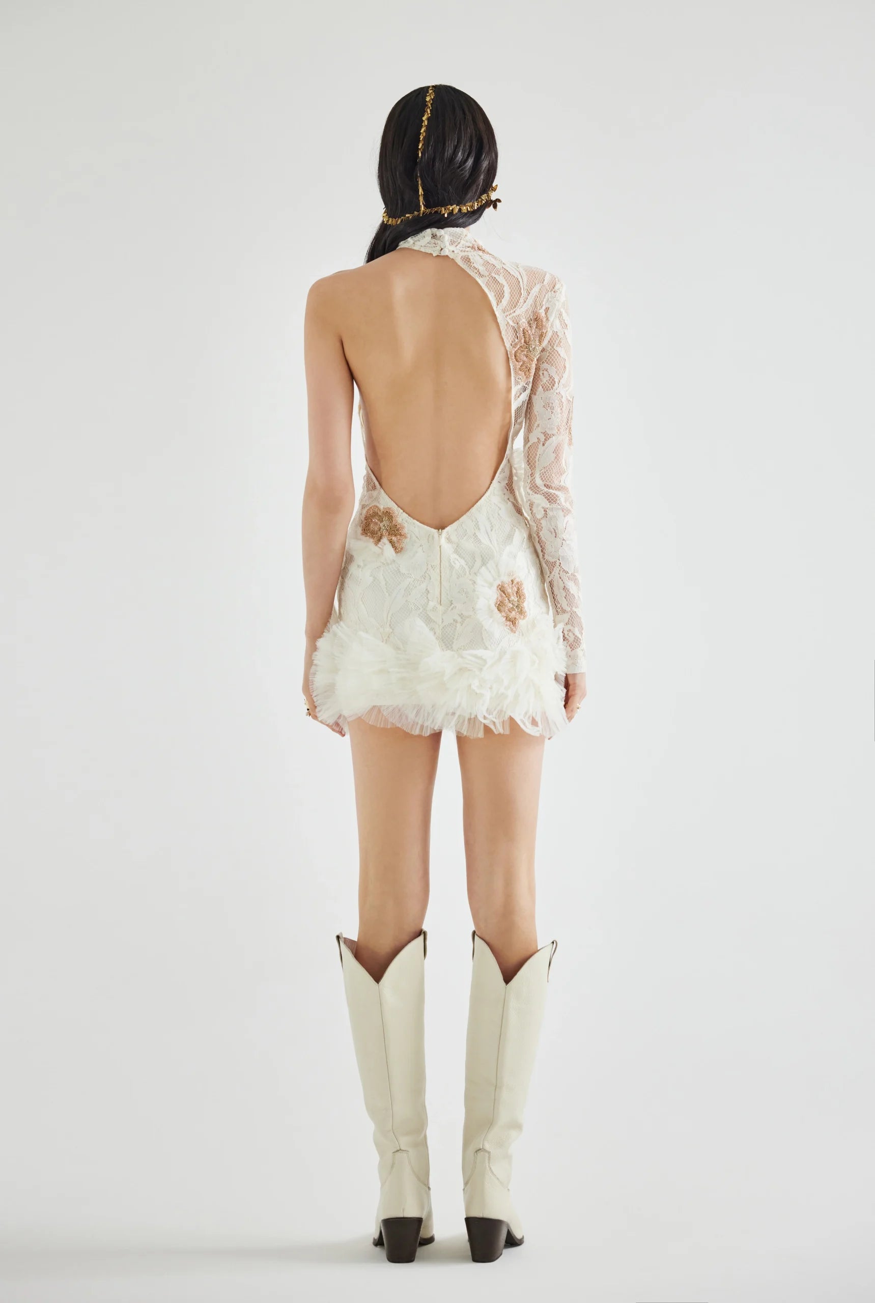 Assymetrical Embellished Lace Mini Dress