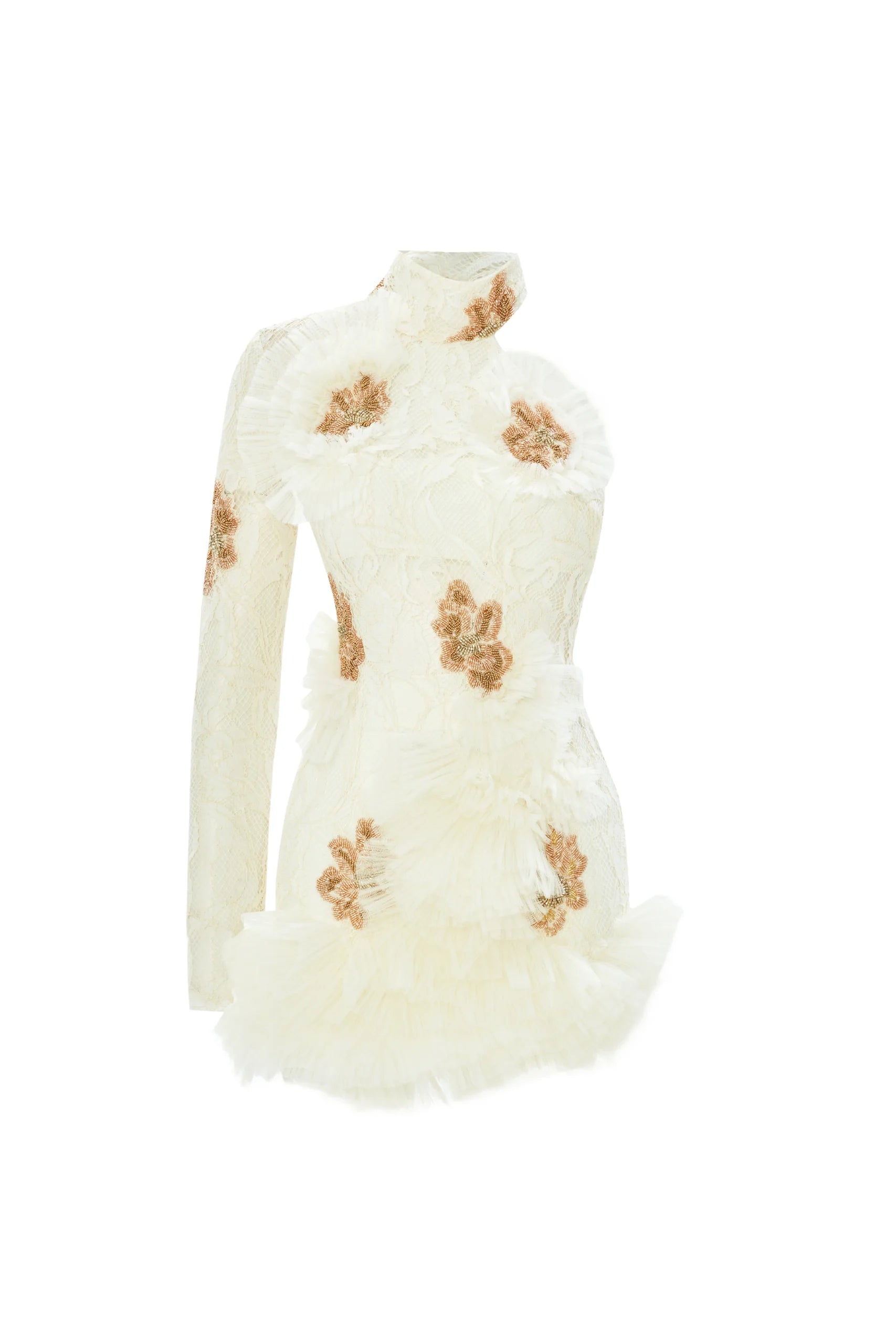 Assymetrical Embellished Lace Mini Dress