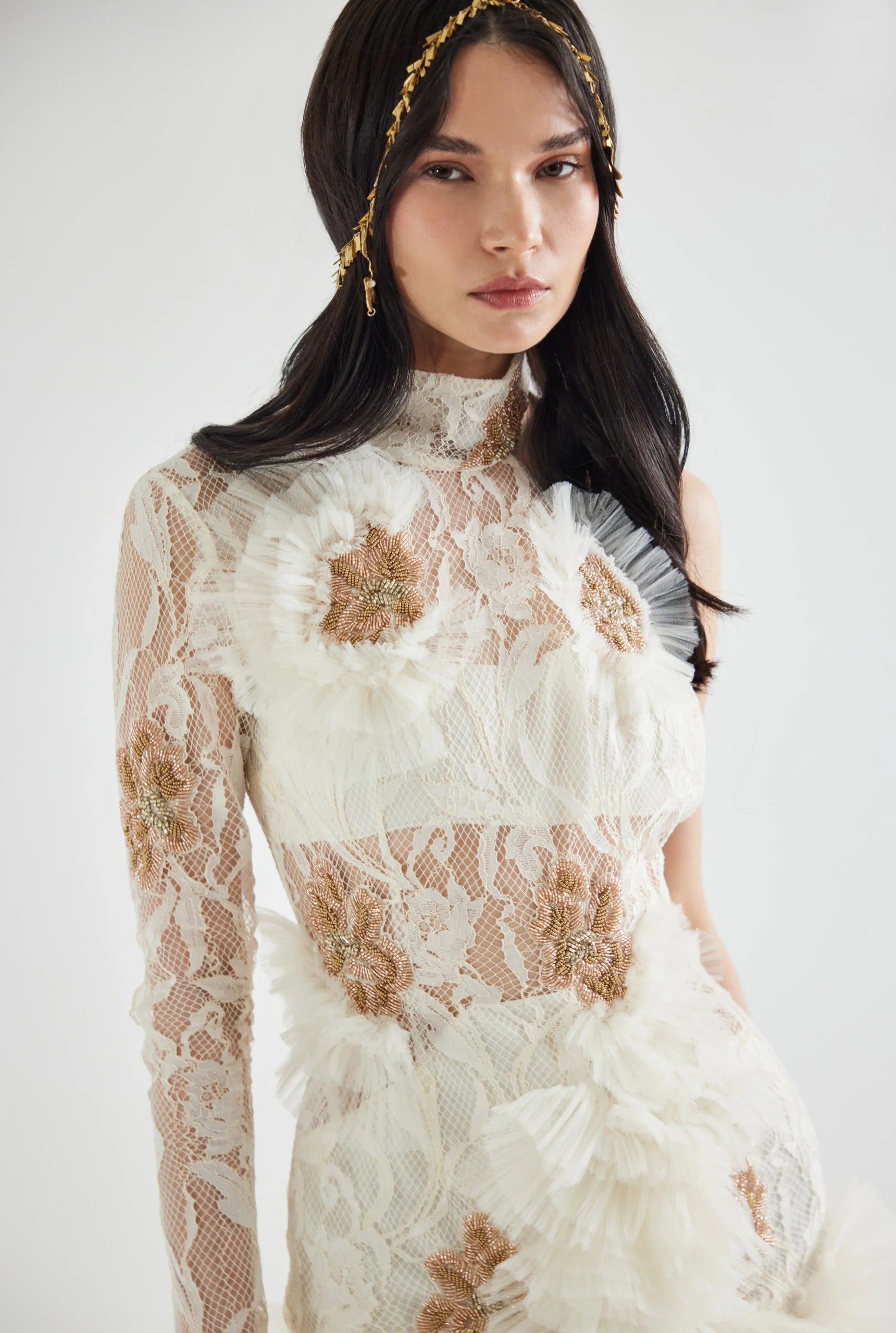 Assymetrical Embellished Lace Mini Dress