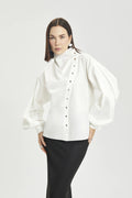Asymmetric Poplin Balloon Sleeve Shirt
