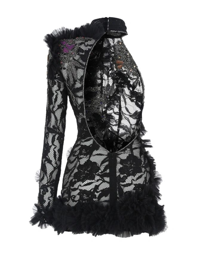 Asymmetrical Embellished Lace Mini Dress