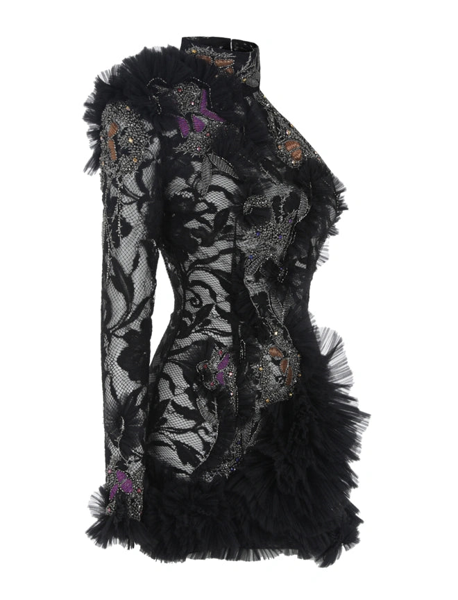 Asymmetrical Embellished Lace Mini Dress