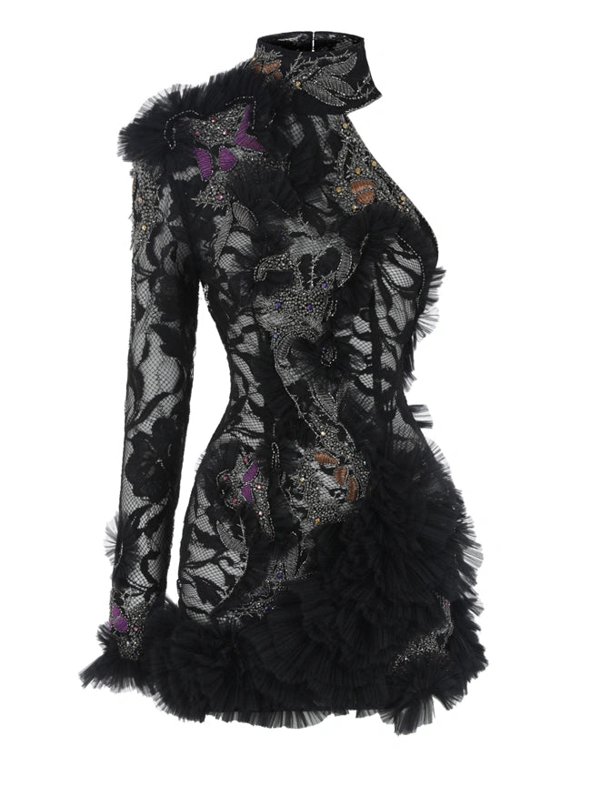 Asymmetrical Embellished Lace Mini Dress