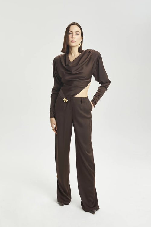 Asymmetrical Long-Sleeve Satin Blouse