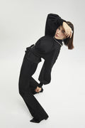 Balloon-Sleeve Black Top with Waist Belt