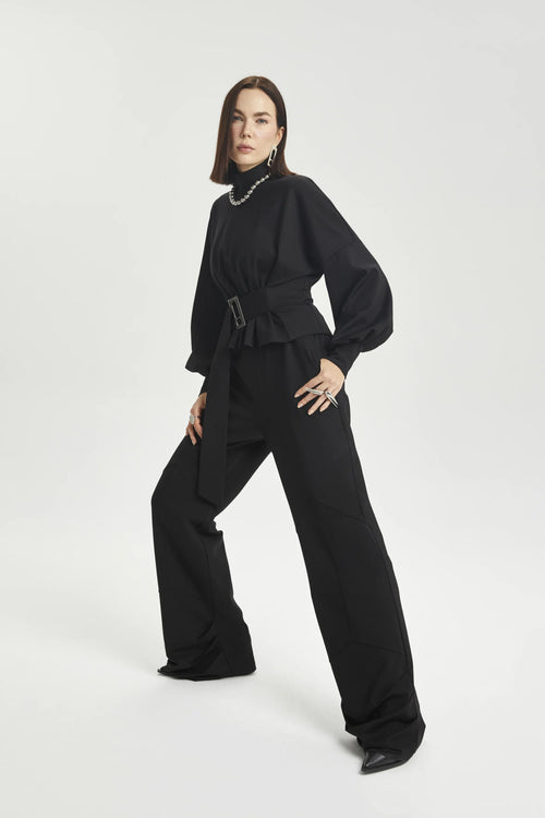 Balloon-Sleeve Black Top with Waist Belt