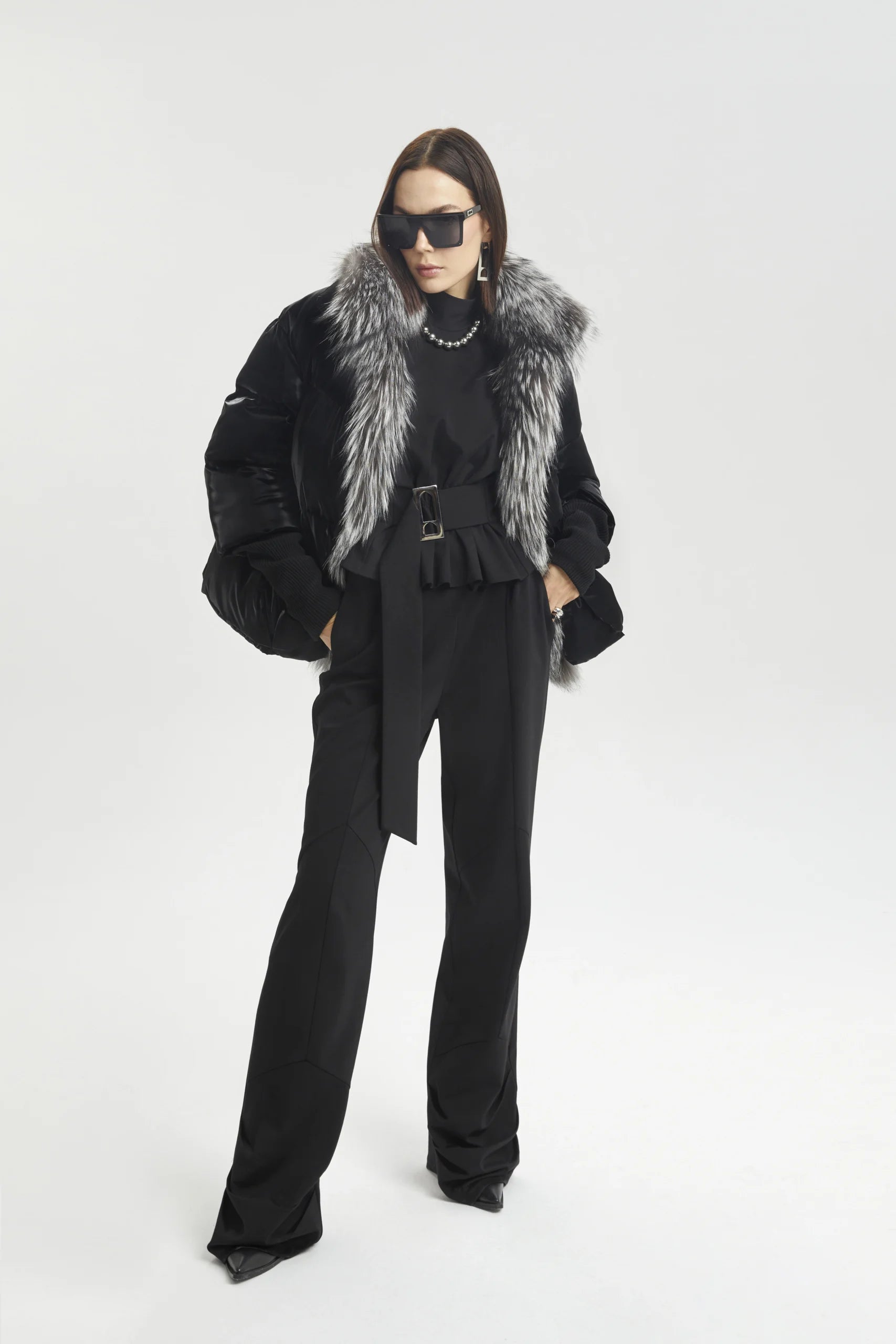 Black Shine Puffer with Faux Fur Collar