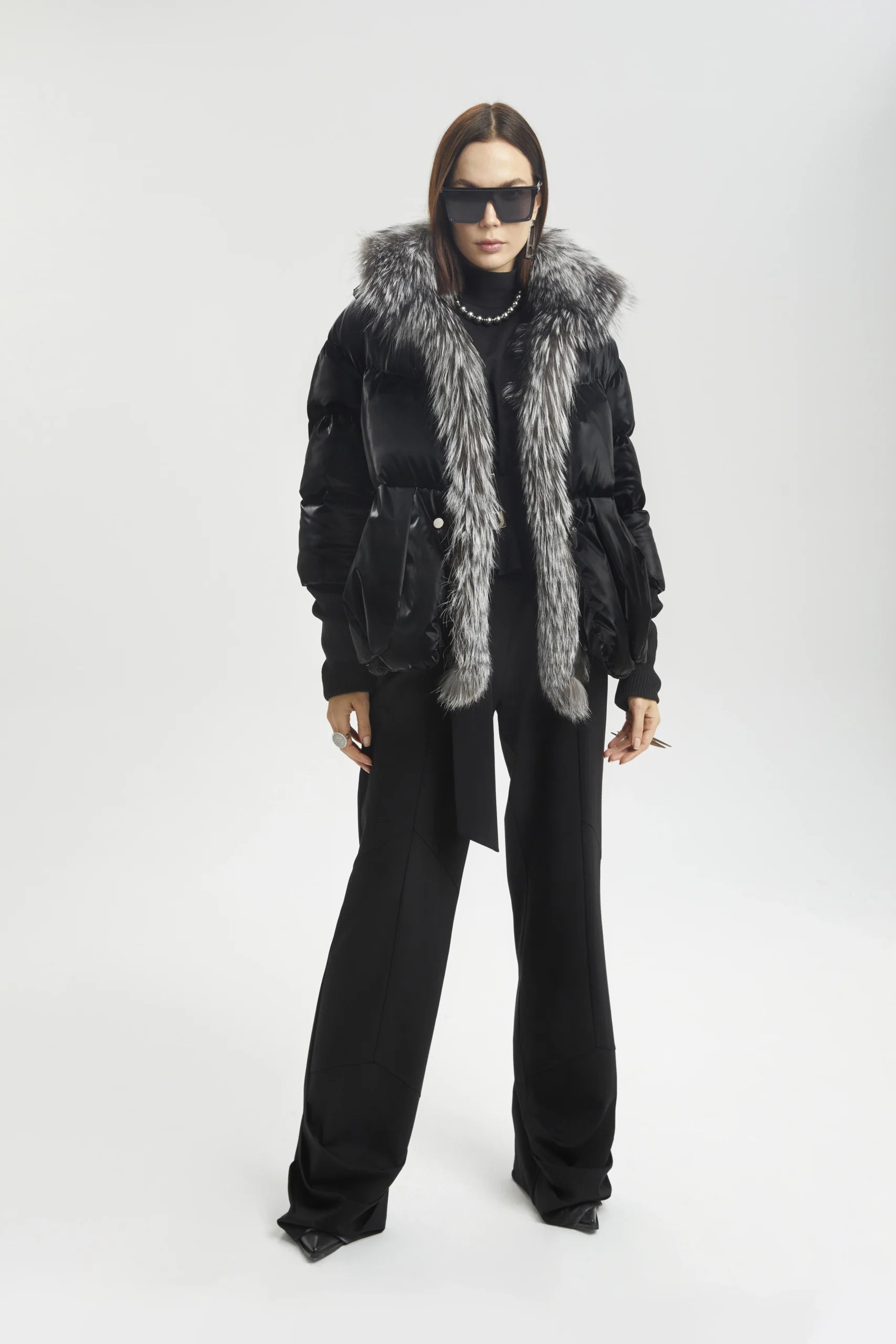 Black Shine Puffer with Faux Fur Collar
