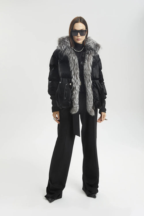 Black Shine Puffer with Faux Fur Collar