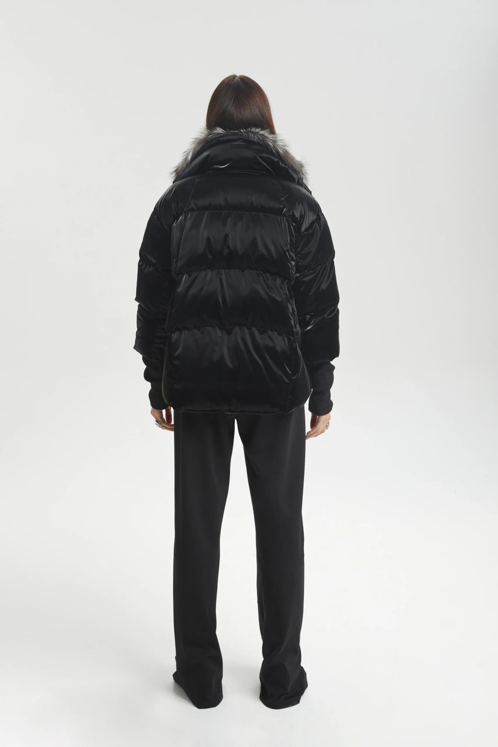 Black Shine Puffer with Faux Fur Collar