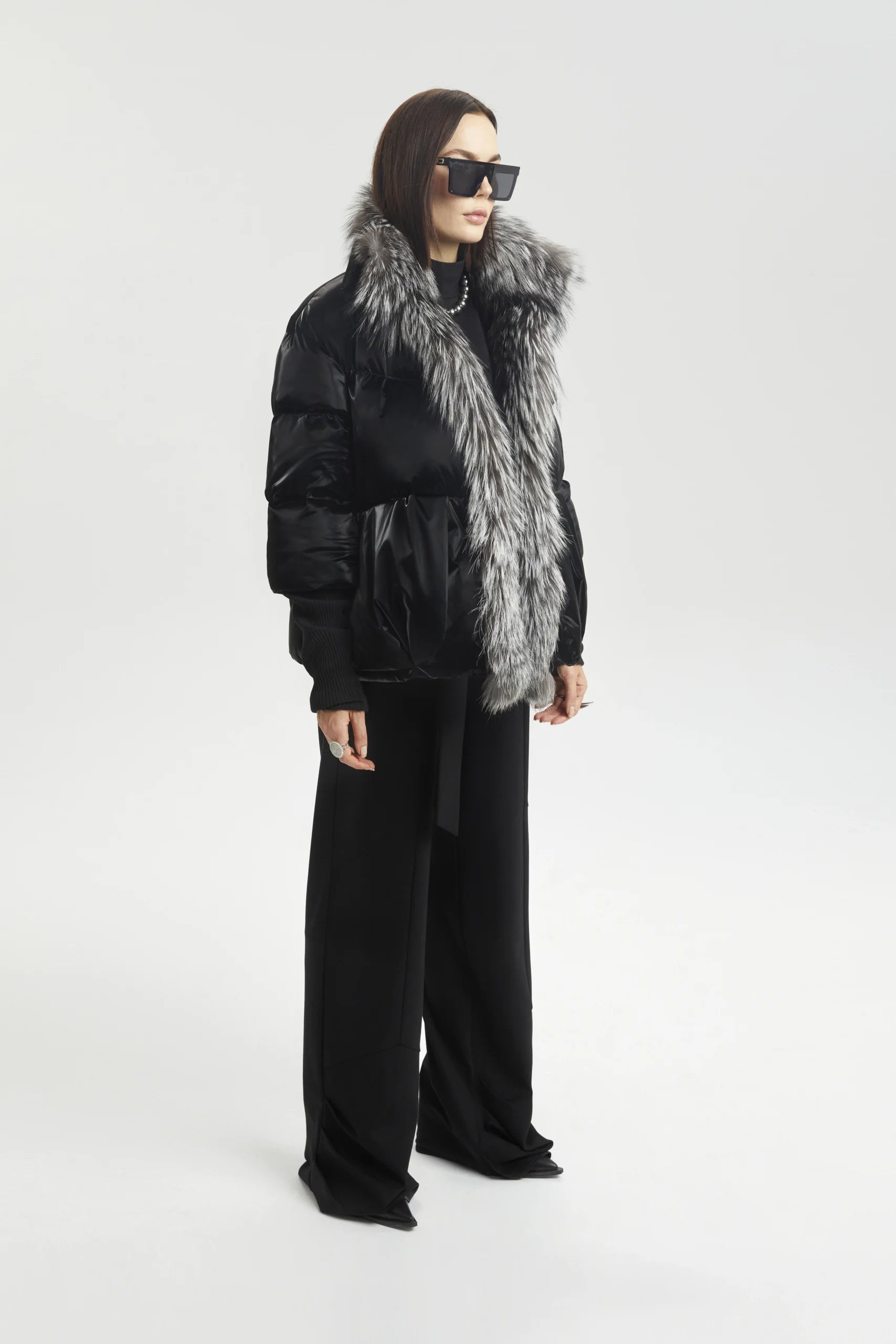 Black Shine Puffer with Faux Fur Collar