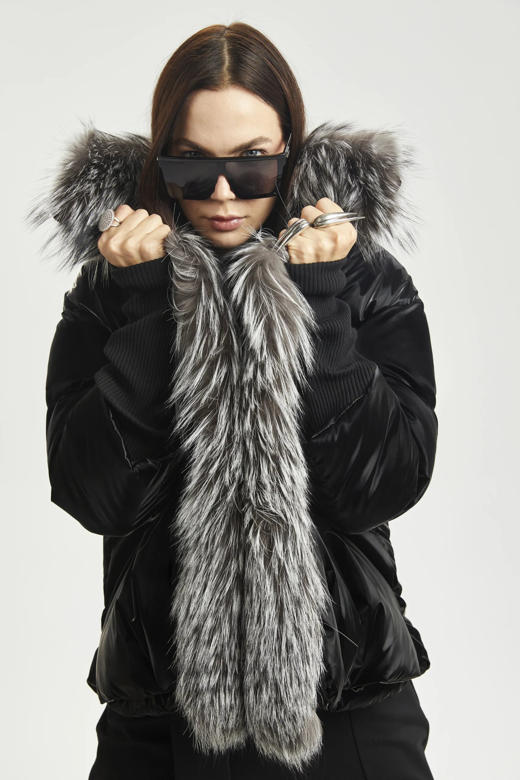 Black Shine Puffer with Faux Fur Collar