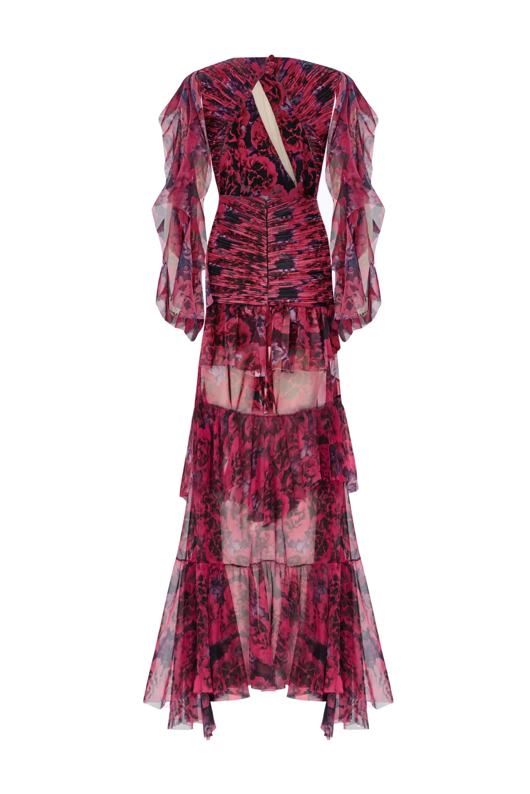 Bust Detailed Draped Ruffled Floral Patterned Midi Dress