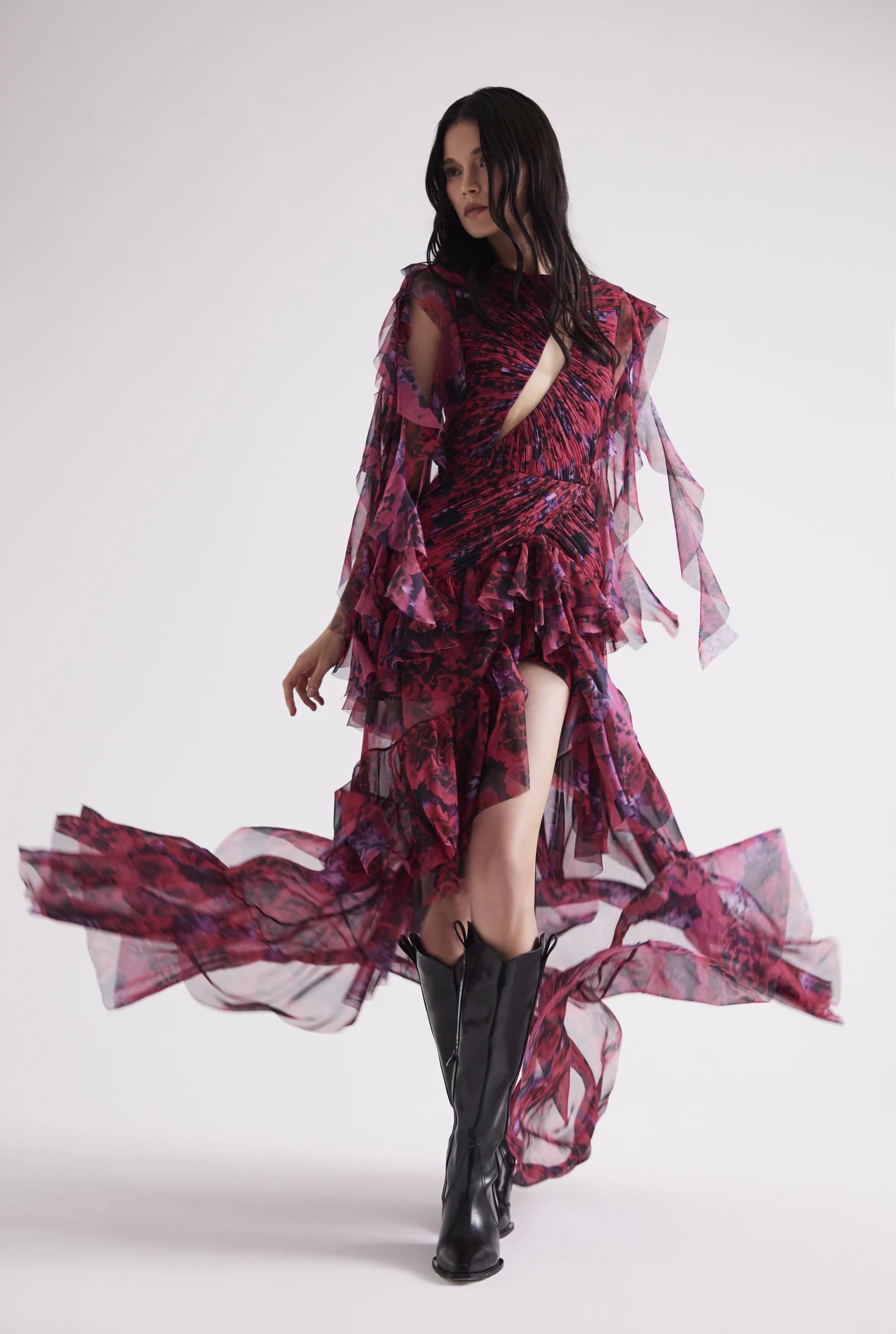 Bust Detailed Draped Ruffled Floral Patterned Midi Dress