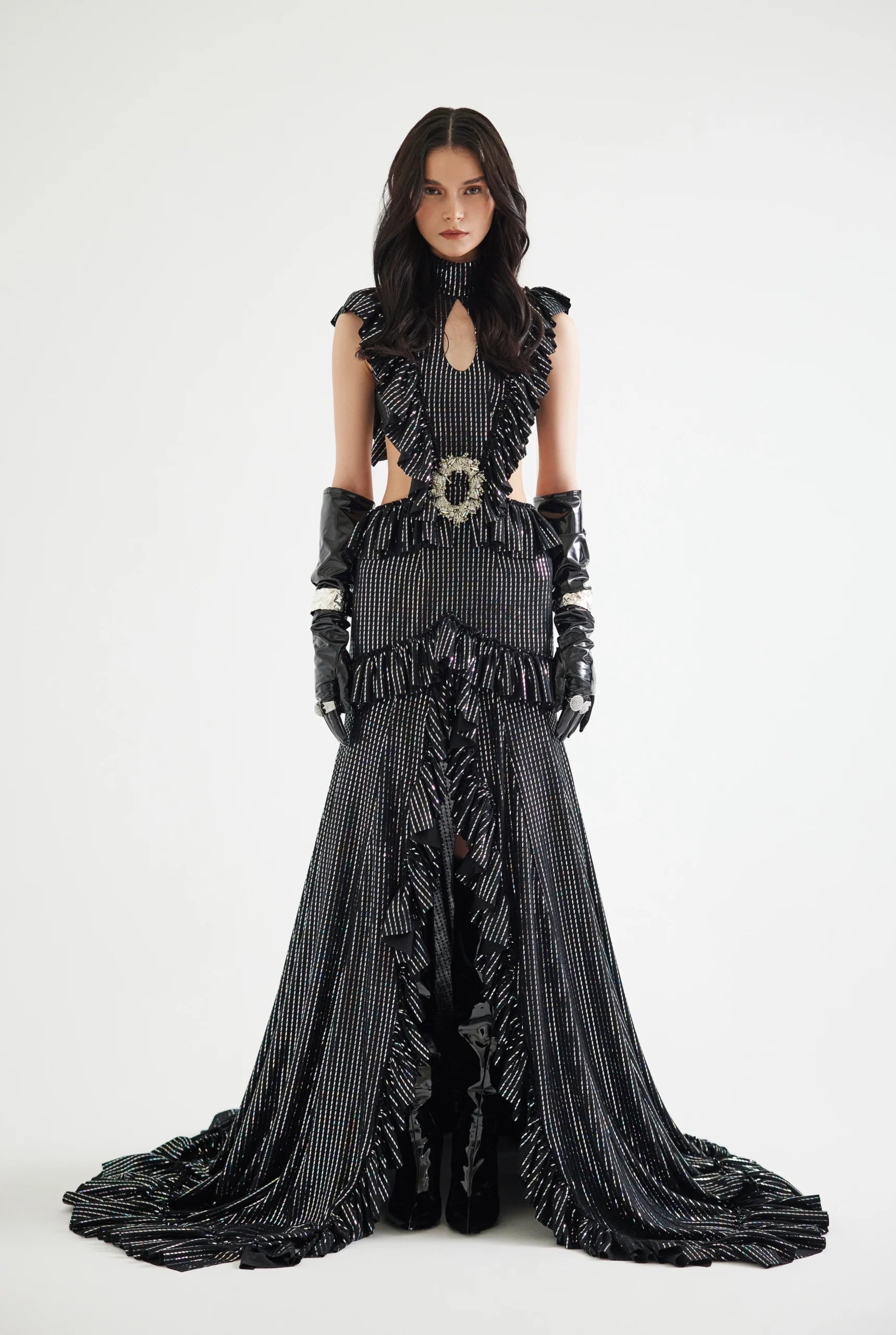 Bust Detailed Front Slit Hologram Printed Dress