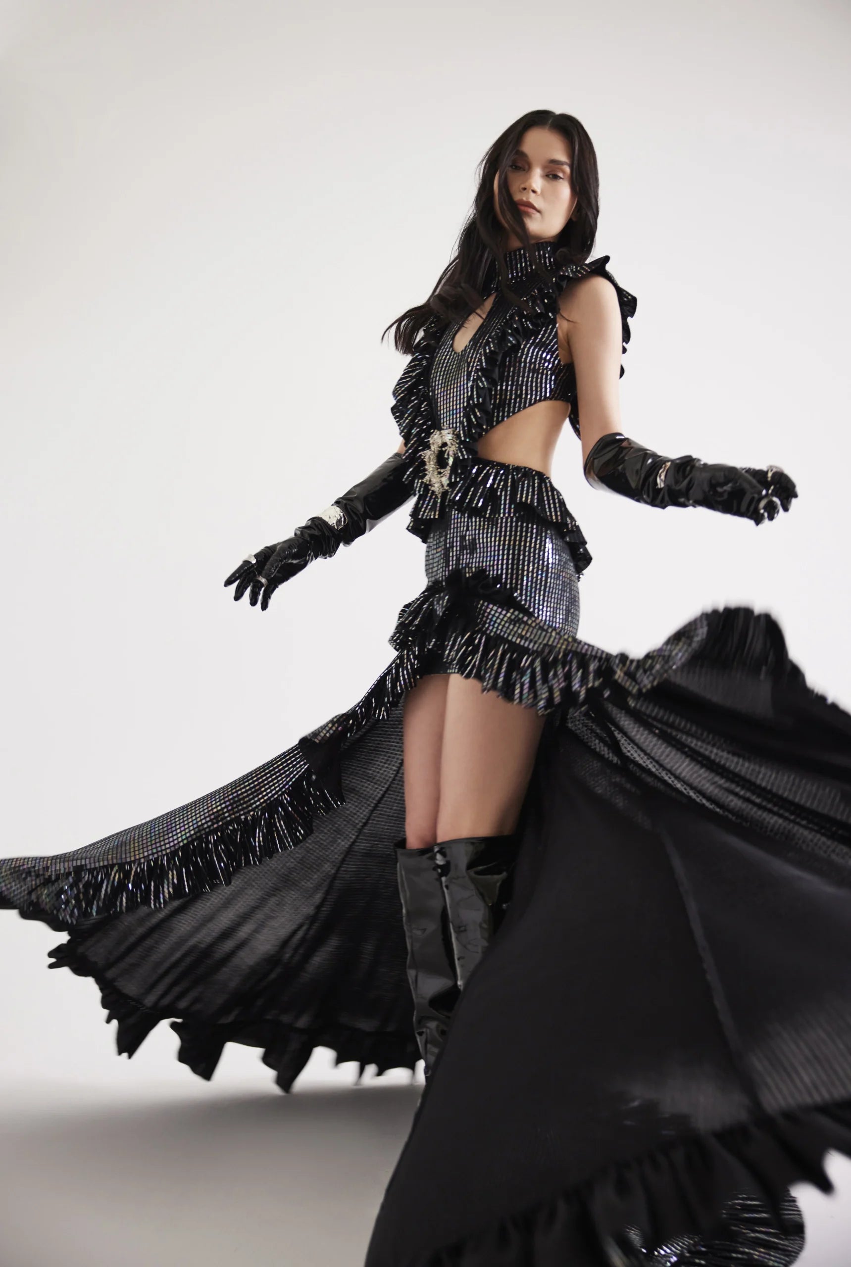 Bust Detailed Front Slit Hologram Printed Dress