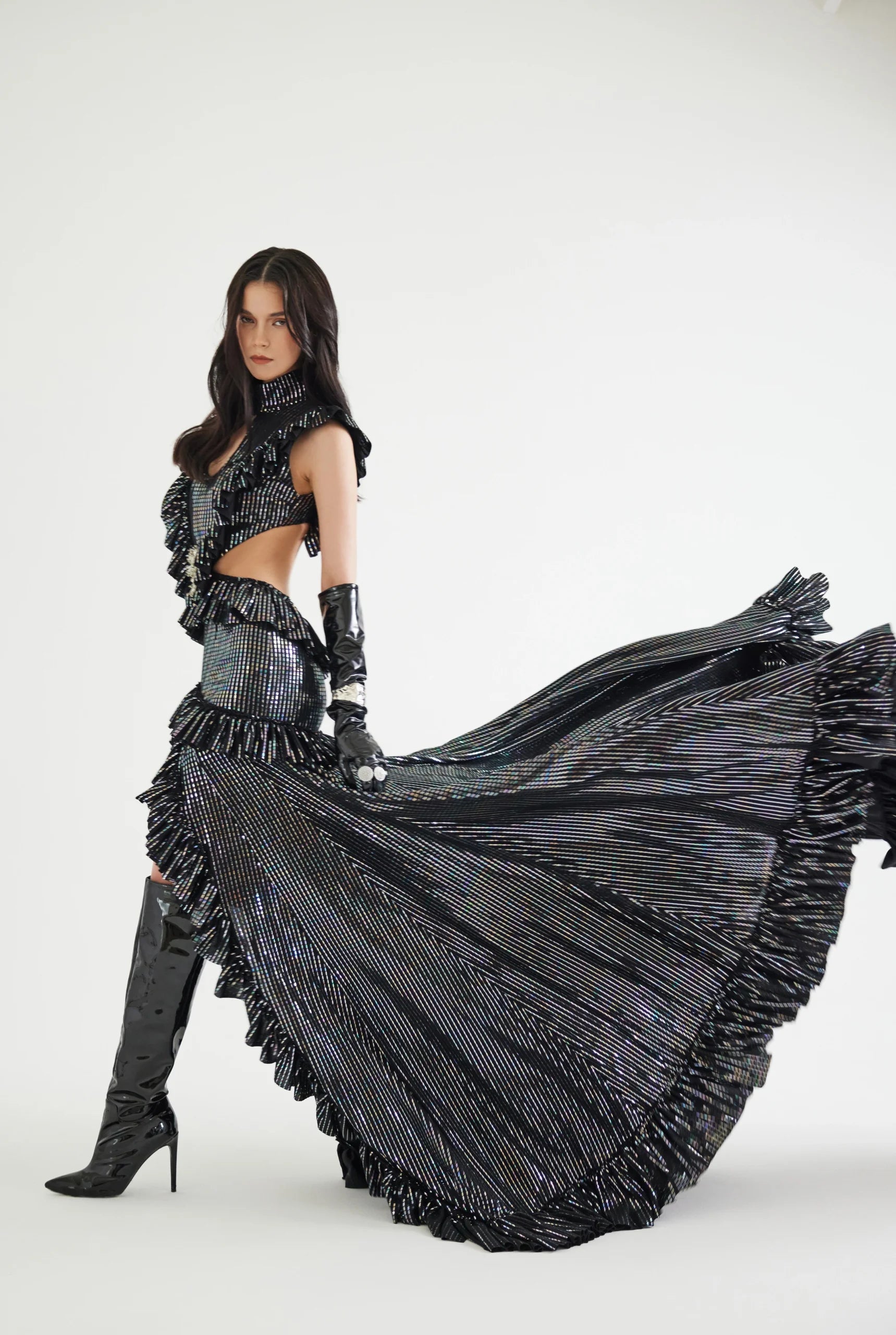 Bust Detailed Front Slit Hologram Printed Dress