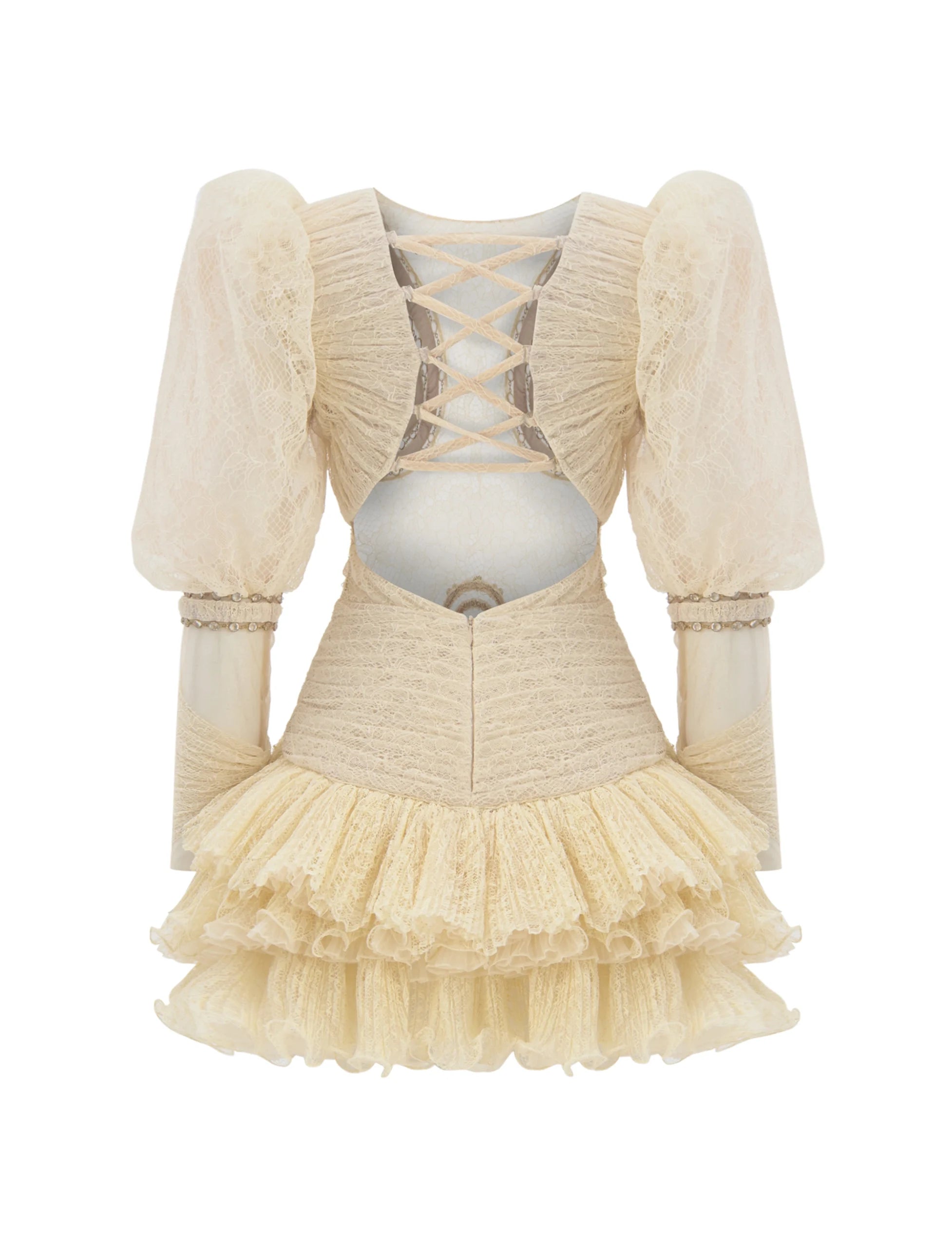 Chain Detailed Side Draped Lace Mini Dress