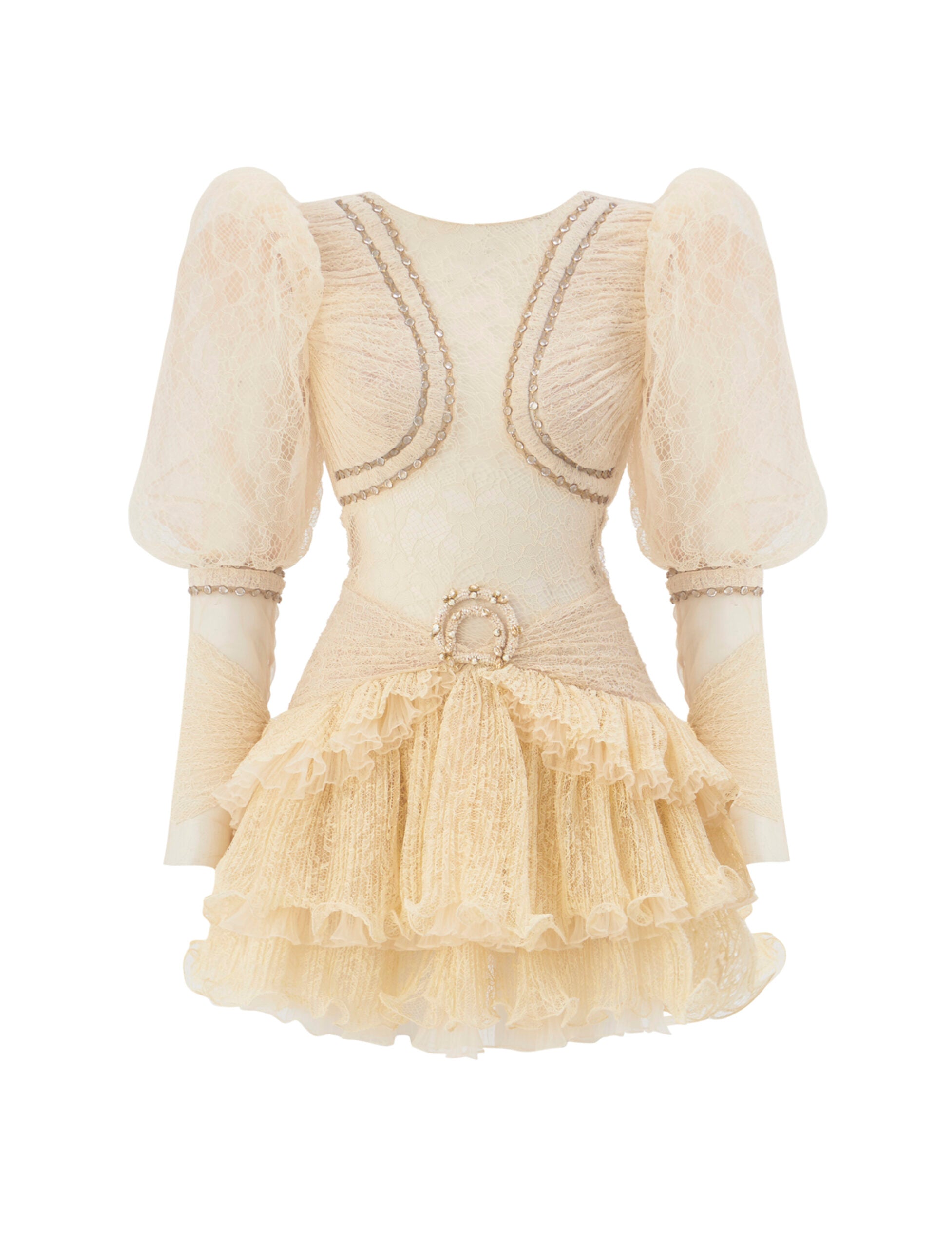 Chain Detailed Side Draped Lace Mini Dress